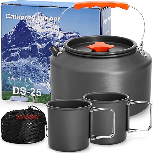 Hervidor de camping de 3 piezas, caldera de agua portátil de 2.5 L con bolsa de almacenamiento y 2 tazas, juego de tetera de café para fuego