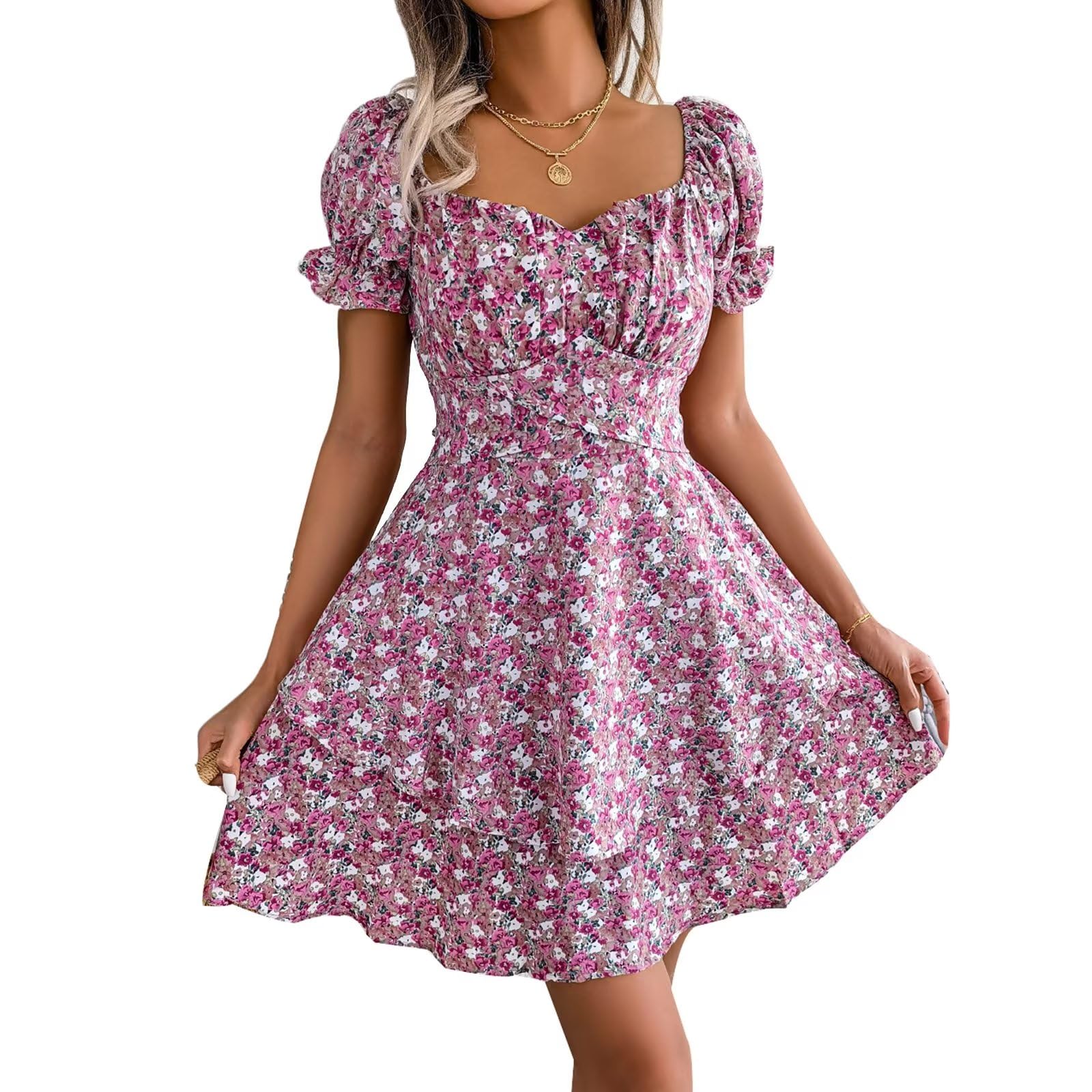 ZMNKH Summer Dresses for Women Casual Short Sleeve Sundress Beach Swing Dress Ladies Floral Dresses