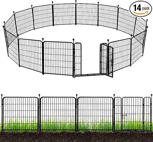 ADAVIN Garden Fence with Gate 32in(H) x 31 ft(L),14 Panels Black Heavy Duty Iron Metal Animal Barrier Fence, Indoor&Outdoor Dog Playpen, Camping Fence, No Dig Garden Border Fencing for Yard