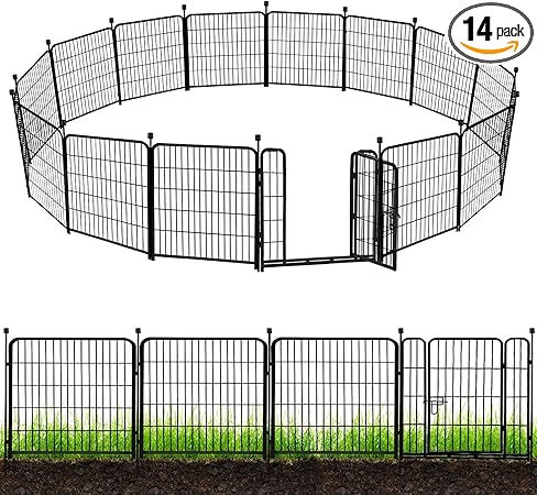 ADAVIN Garden Fence with Gate 32in(H) x 31 ft(L),14 Panels Black Heavy Duty Iron Metal Animal Barrier Fence, Indoor&Outdoor Dog Playpen, Camping Fence, No Dig Garden Border Fencing for Yard