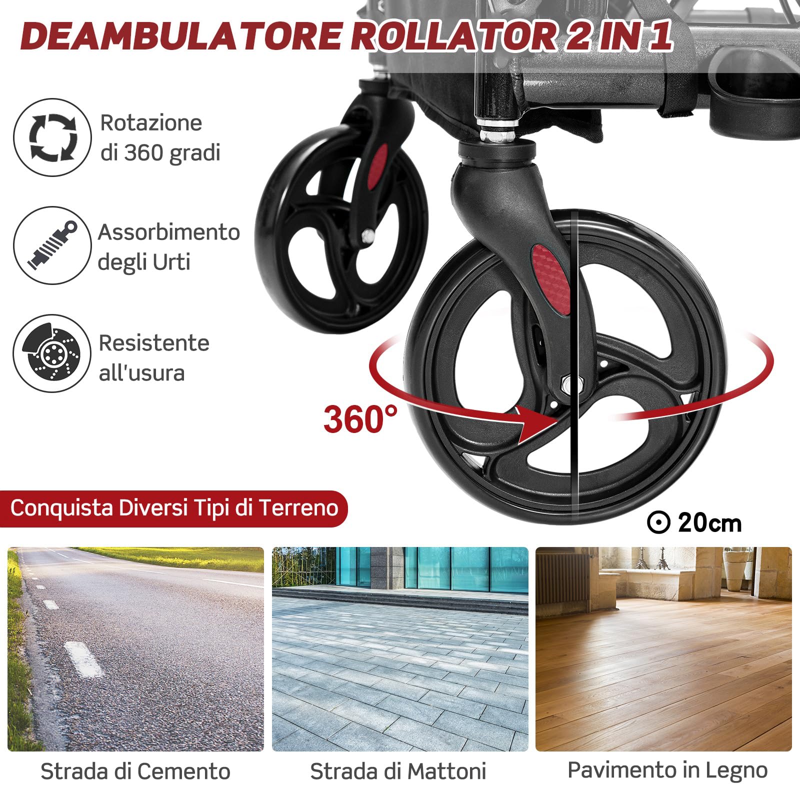 RELAX4LIFE 2 in 1 Deambulatore per Anziani, Sedia a Rotelle, Deambulatore con Seduta e 4 Ruote, Rollator Pieghevole in Alluminio Leggero, Portata Massima 160KG (Nero, 105 x 63 x 87-99 cm)