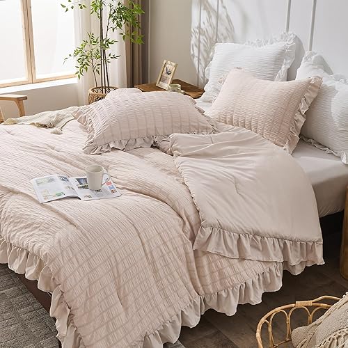 Miniatura 249 de JOLLYVOGUE - Juego de edredón tamaño queen, de 3 piezas, estilo seersucker, ligero y esponjoso para todas las estaciones, con 1 edredón con volantes