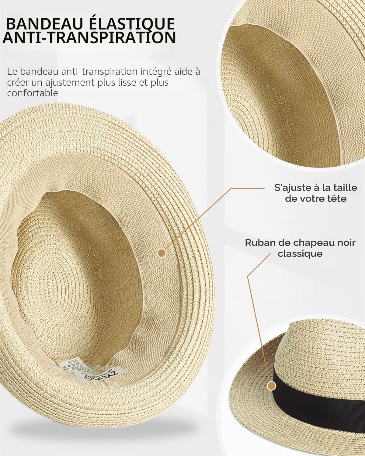 Zylioo Chapeau Fedora de paille 2XL XL L, chapeau cubain à grande tête avec bord court, chapeau trilby d'été pliable pour la plage et les voyages, Beige cubain, XL/XXL