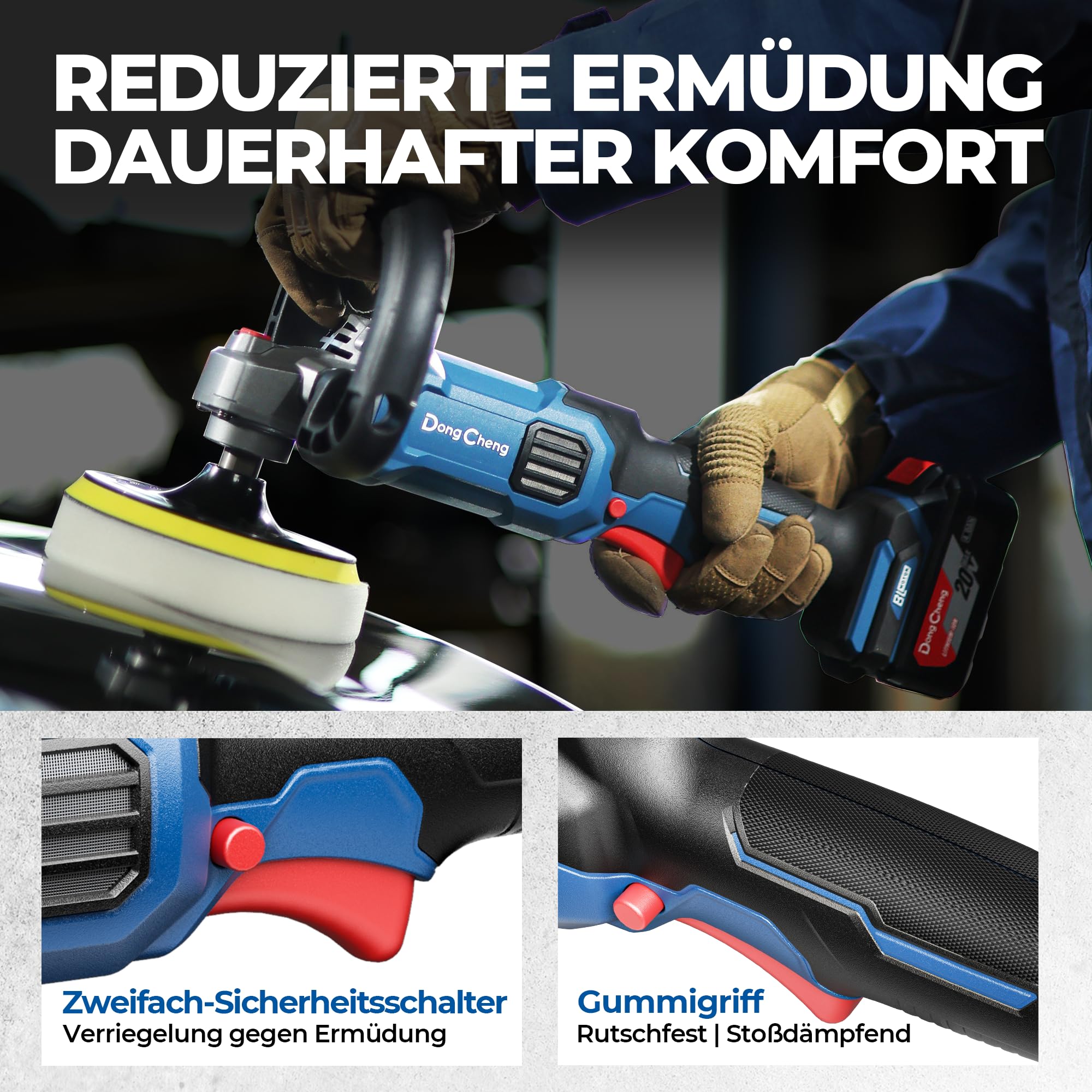 DongCheng Akku Poliermaschine für Auto, 2x 4,0Ah Batterie,Bürstenloser Rotationspolierer, Sanftanlauf, 6 Gang Drehzahlregelung – Ideal für Lackpflege und Kratzerentfernung