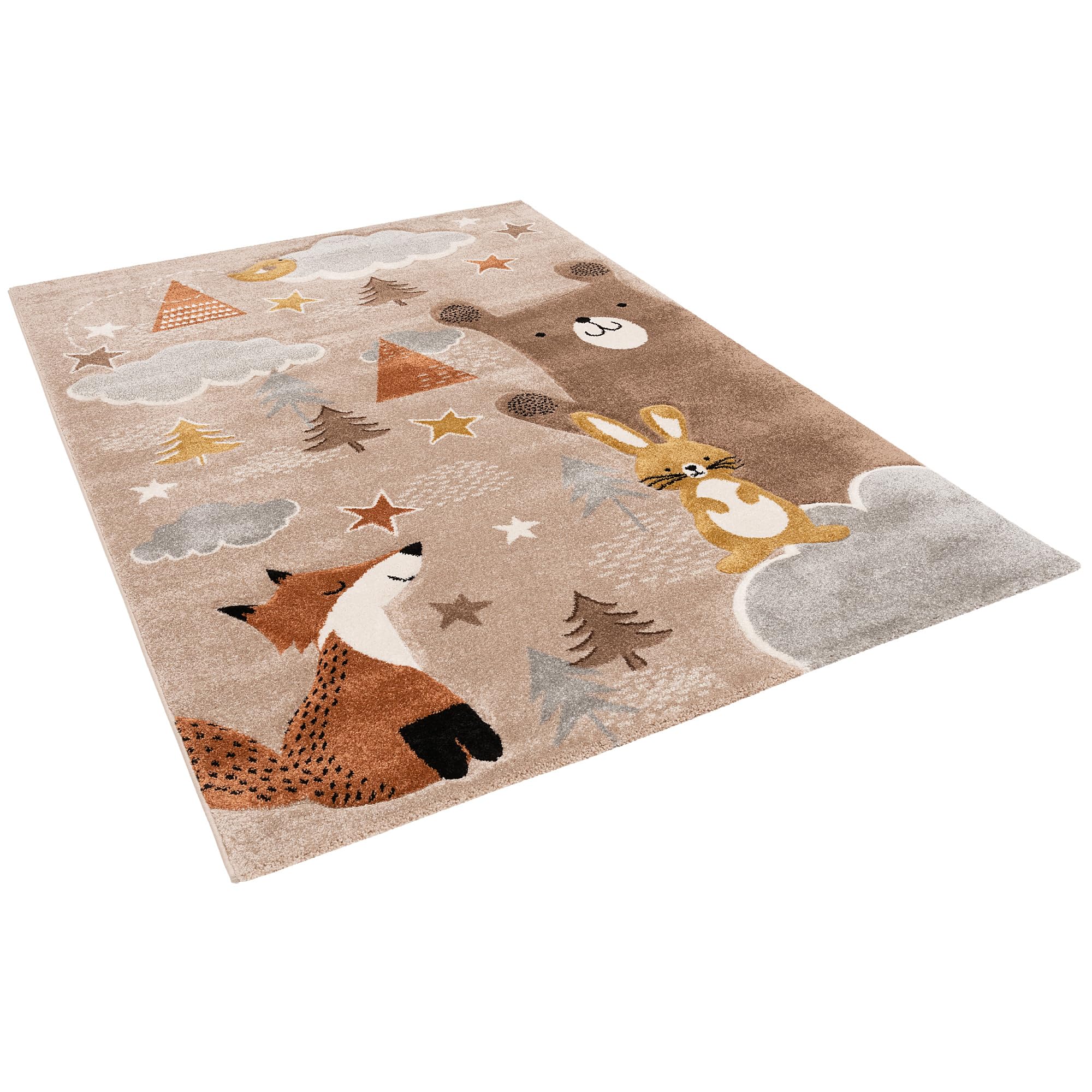 Pergamon Kinderzimmer Teppich Kurzflor Maui Kids Fuchs und Bär Beige Braun in 5 Größen