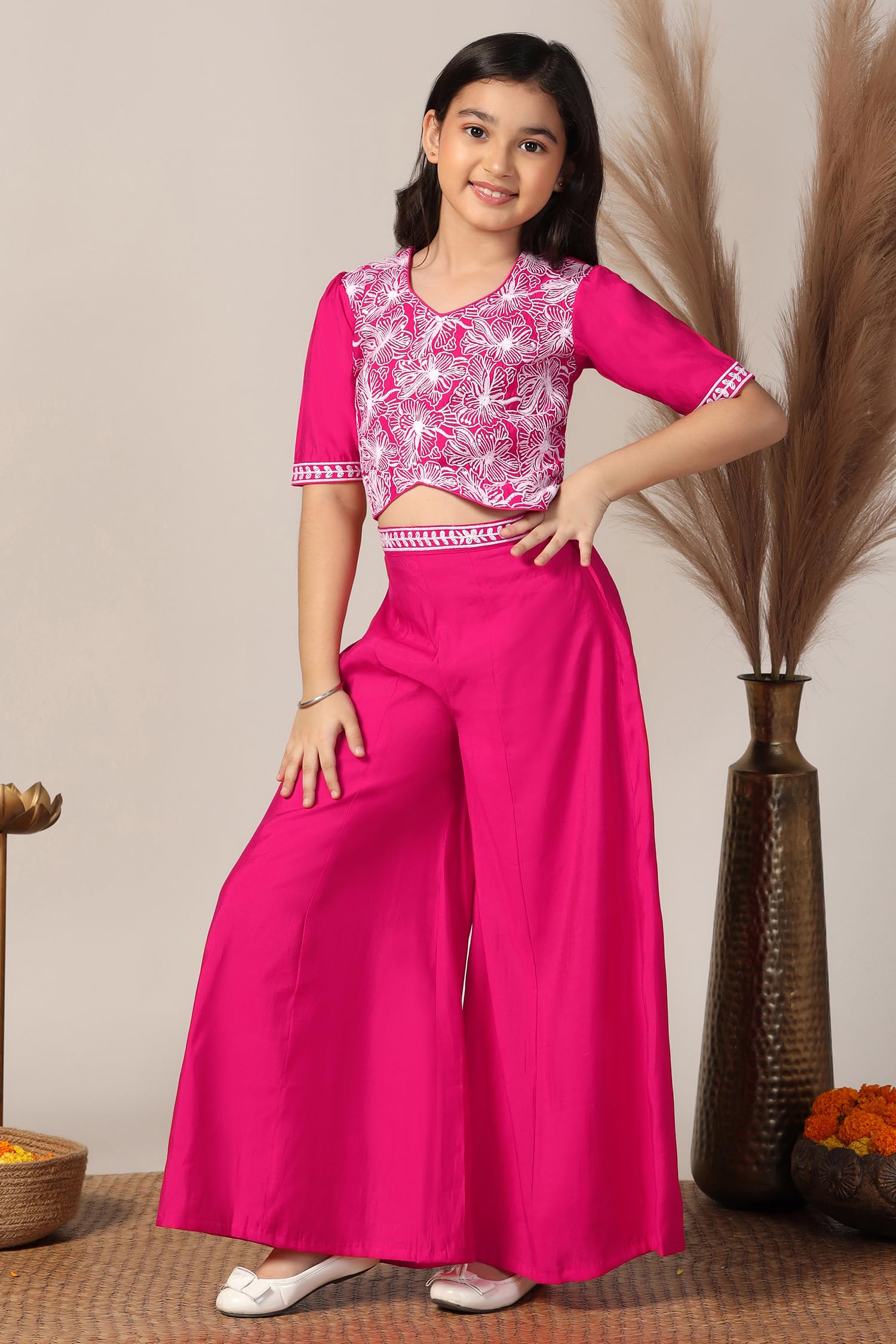 Fashion Dream Girl's Silk Blend Ethnic Top and Palazzo Set |Kids Salwar Suit Set|Embroidered Suit for Girls|Indo Western Set (FDGSET00226 PNK 32_Pink_9-10 Years) - Image 5 thumbnail