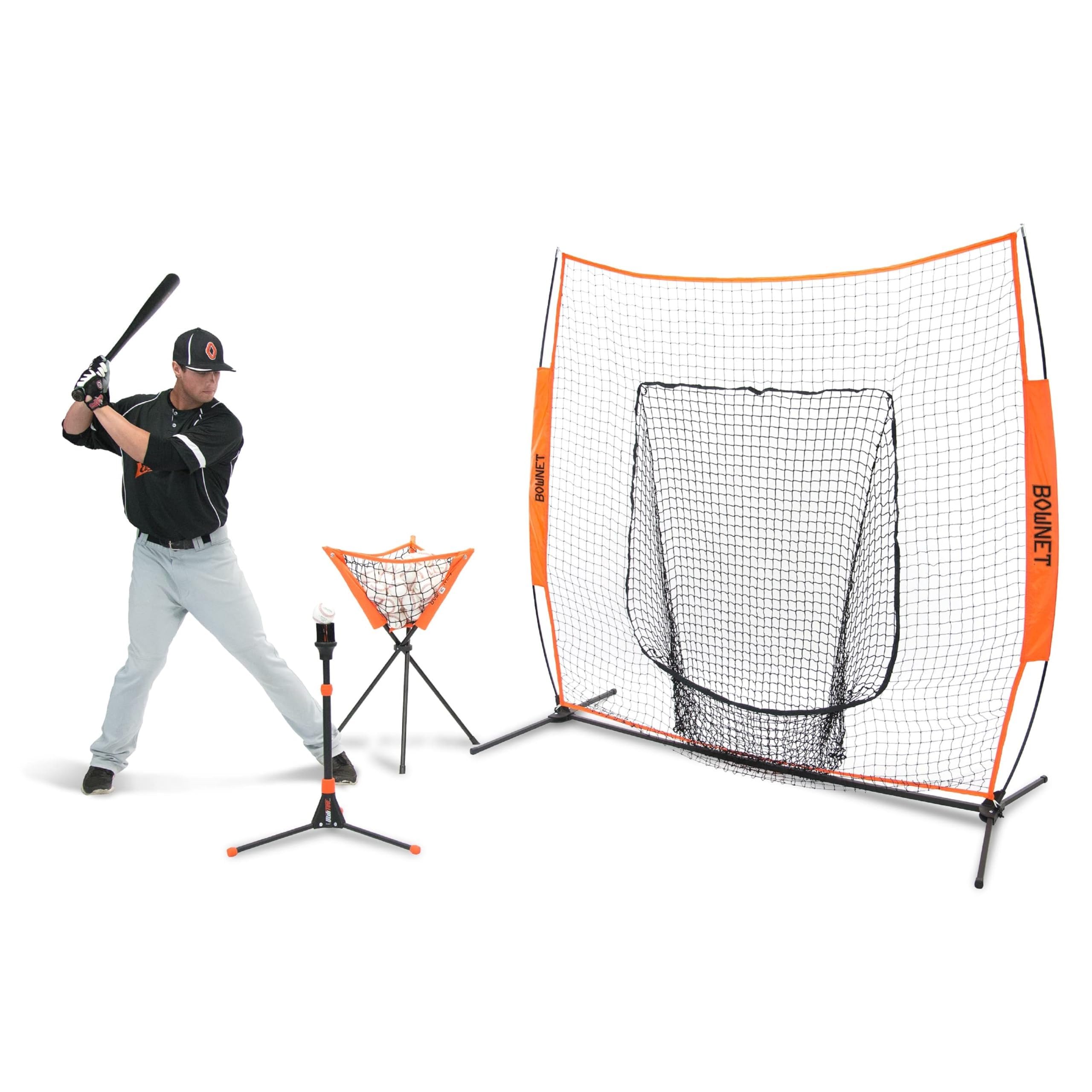 Bownet Hit Kit Baseball Training Equipment Set with UtiliTee Hitting Tee, Big Mouth X Batting Net 7' x 7', Tripod Ball Caddy, Portable Coach-Approved