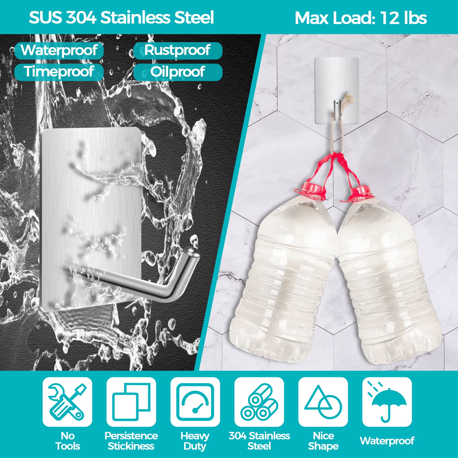 Adhesive Hooks Heavy Duty, Long Stainless Steel Self Adhesive Wall Hook, Sticky Towel Hangers for Kitchen Bathroom, Waterproof Stick on Door Hooks for Hanging Key Hat Coat by TONHTCAT (4Packs(Silver))