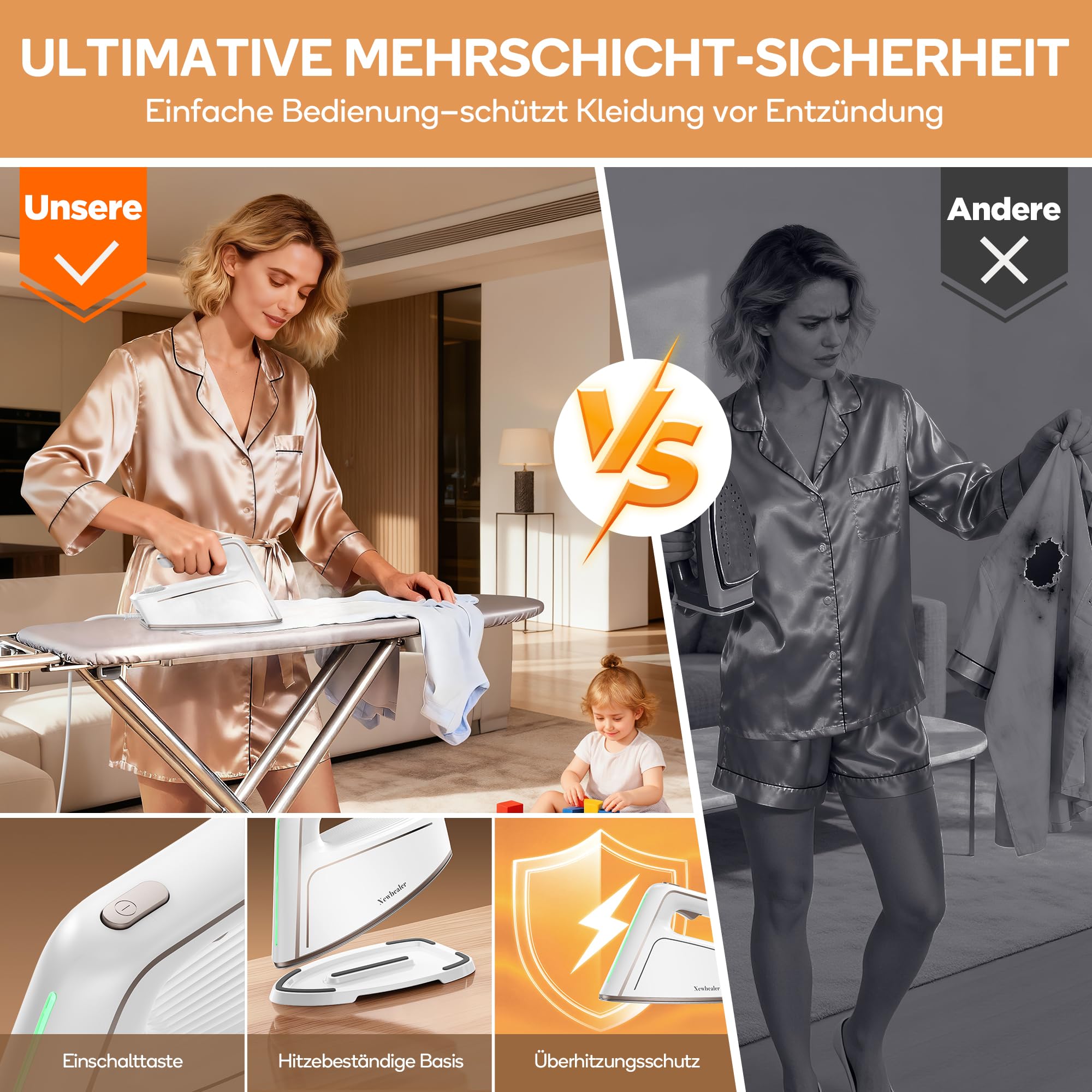 Newbealer Dampfbügeleisen, 1500W Bügeleisen, 5 Bar Dampfdruck, 250 ml Wassertank, max. 100 g/min Dampfabgabe, Antihaftbeschichtete Bügelsohle für müheloses Bügeln