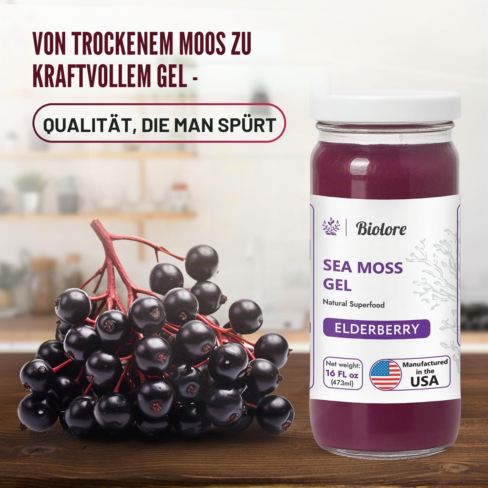 Biolore Holunder-Moos-Gel, 473 ml, Wildcrafted Seamoss – 1 Monatsvorrat | Ohne Zuckerzusatz - Vegan - Hergestellt in den USA aus weltweit angebauten Zutaten - Superfood Spread