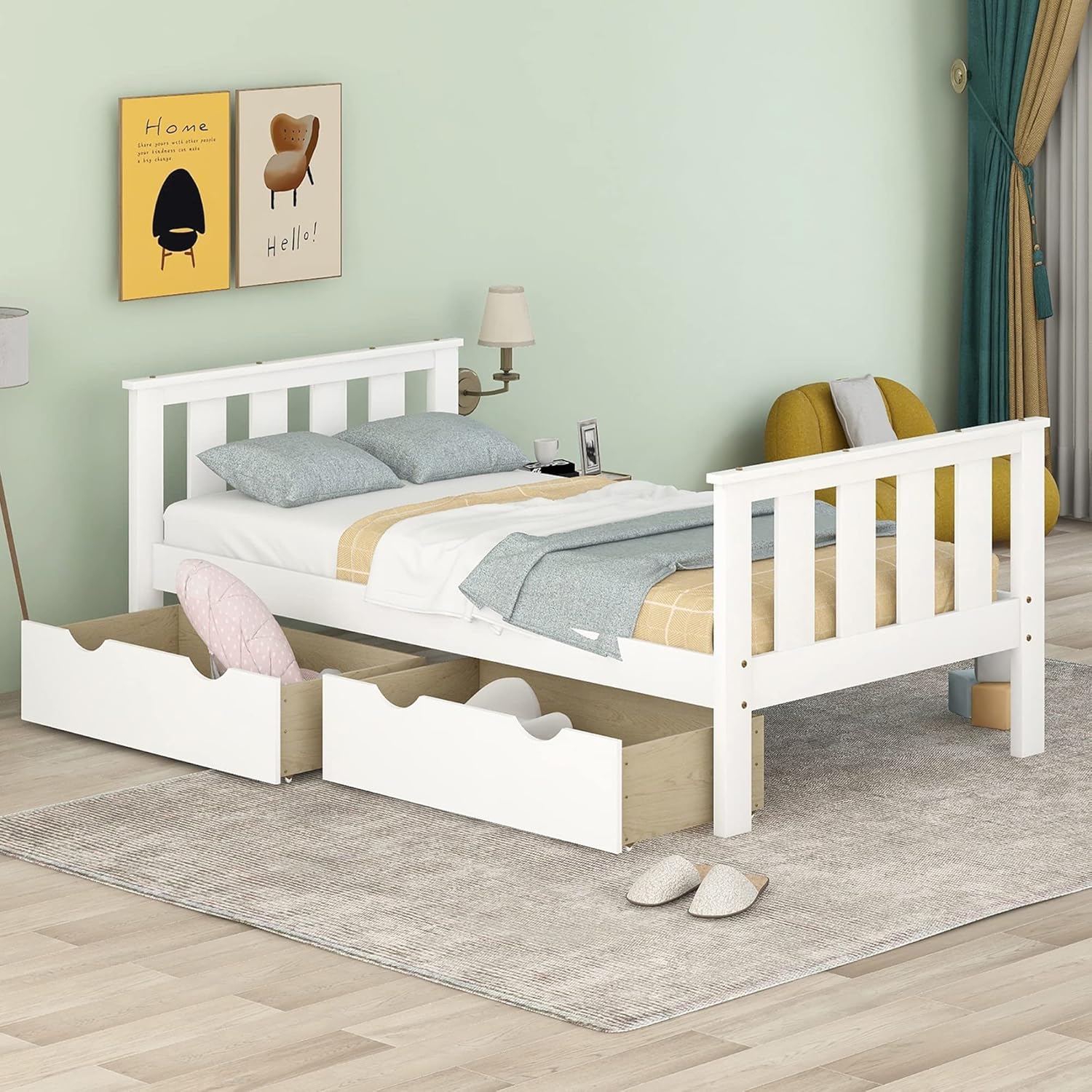 Twin Bed Frame with Storage Drawers Wood Platform Beds with Headboard and Footboard