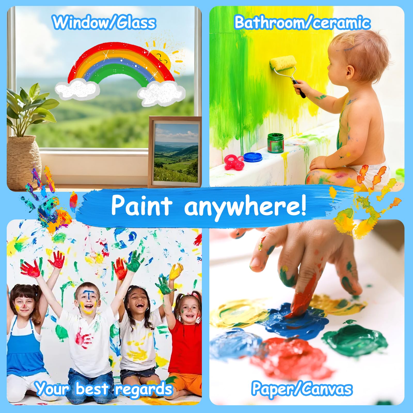 Pintura de Dedos para Niños Lavable,51 Pcs Juego de Pintura para Dedos No Tóxicas,12 Colores (60ml),con Pinceles,Esponja,Paleta y Bata,Niños Pintura Temprana Artes DIY Artesanías