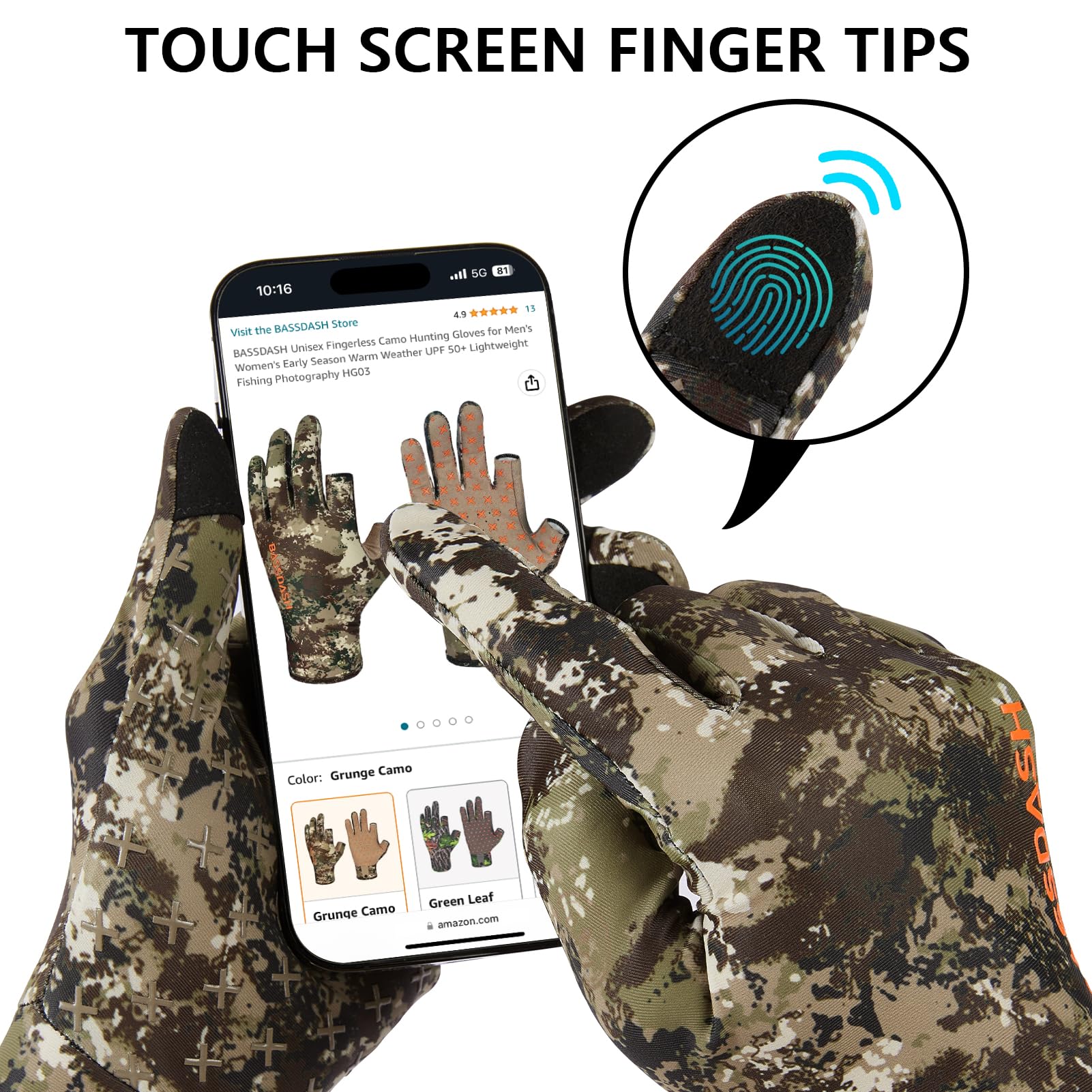BASSDASH HG01M Gants de chasse à motif camouflage pour homme – Gants légers pour écran tactile – Pour la pêche, la randonnée, les activités de plein air (camouflage grunge, taille M)