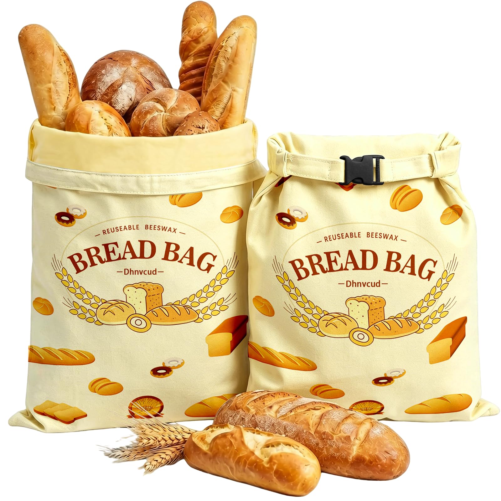 Dhnvcud 2 Pack Reusable Beeswax Bread Bags with Buckle Clasp for Sourdough