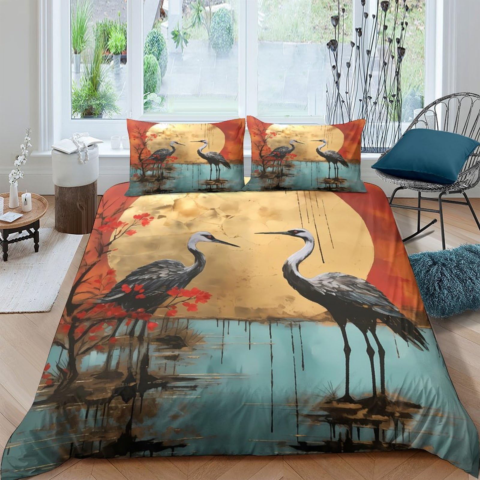 Ctjqhvkz Style-4 3D Printed Crane Sunset Fitted Sheet Microfiber Soft Breathable Japanese Art Mattress Cover For Bedroom Guest Room Single（135X200cm）