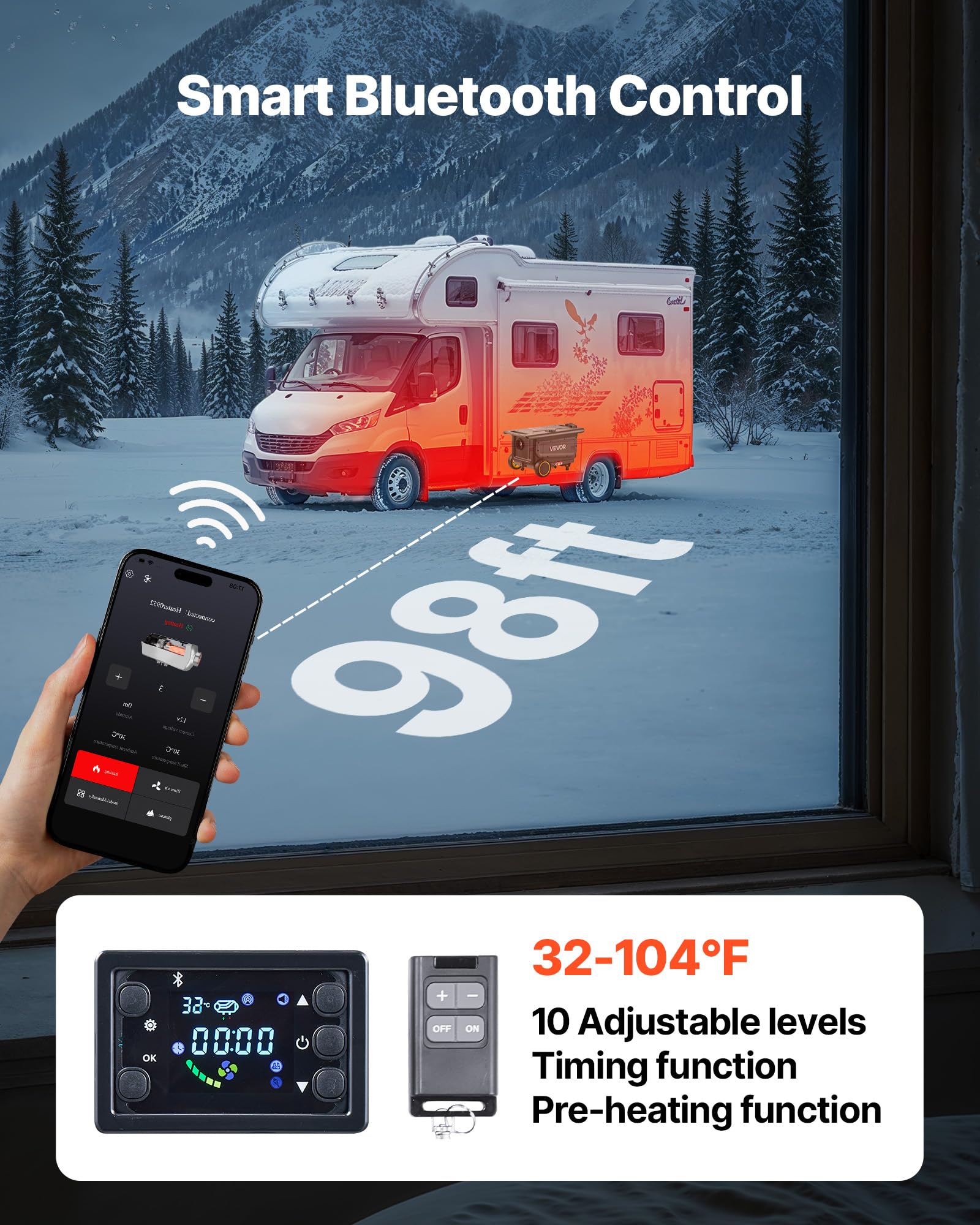 VEVOR Calentador Diésel 8 kW Portátil, con Control por Aplicación Bluetooth, Mando a Distancia y Pantalla LCD, Diseño con Ruedas, Depósito de Combustible de 5 L para Camiones, 566 x 400 x 321 mm