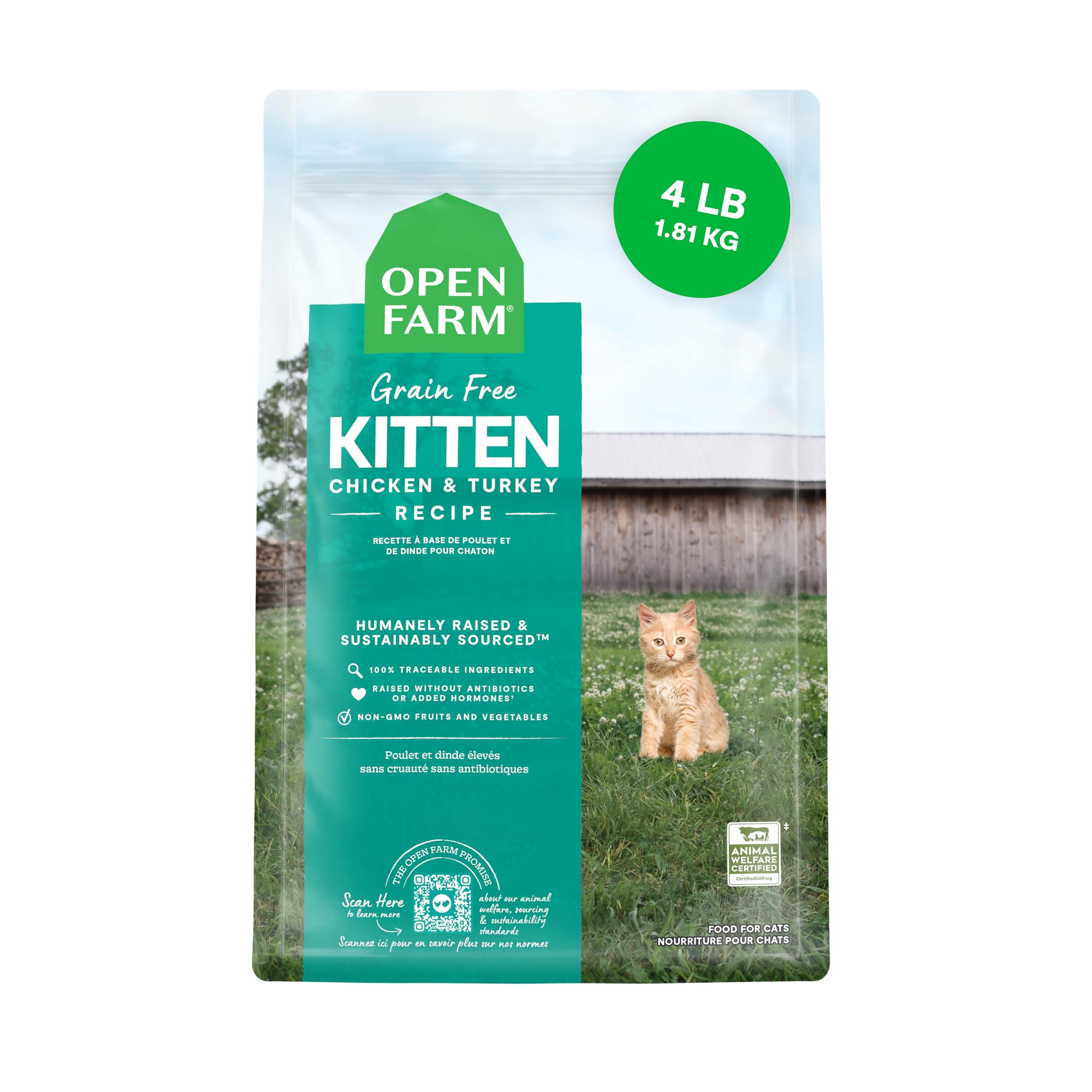 Grain Free Dry Kitten Food, Nutrient Dense Kibble with Protein, Vitamin A, Taurine, Naturally Occurring Fibers & Prebiotics, Homestead Turkey & Chicken Recipe for Kittens, 4lb Bag