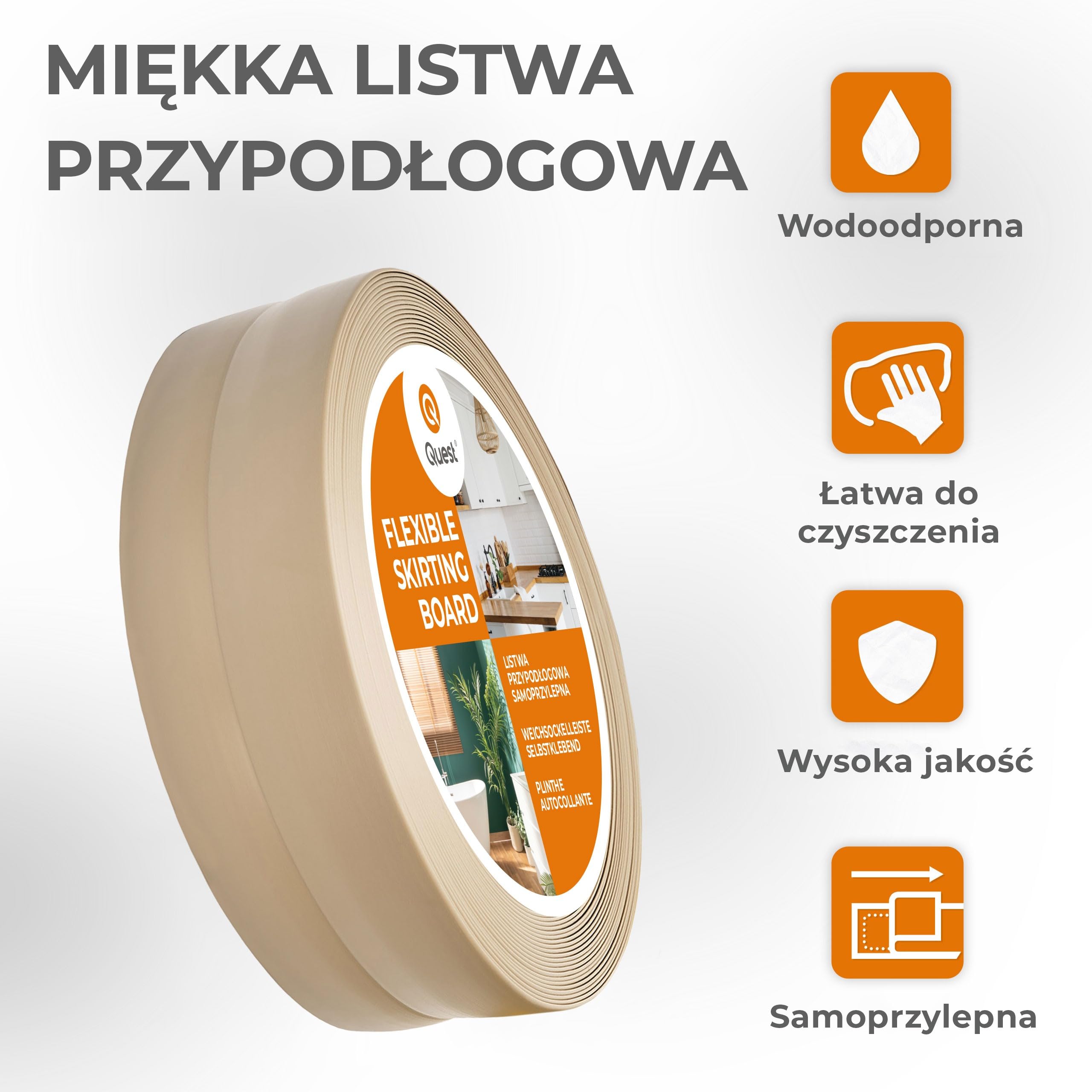 Quest Listwa przypodłogowa samoprzylepna PVC 50x20 mm – beżowy, 15 m | Miękki cokół podłogowy elastyczny, wykończenie styku ściany z podłogą, do domu i biura, montaż bez wiercenia, łatwe cięcie