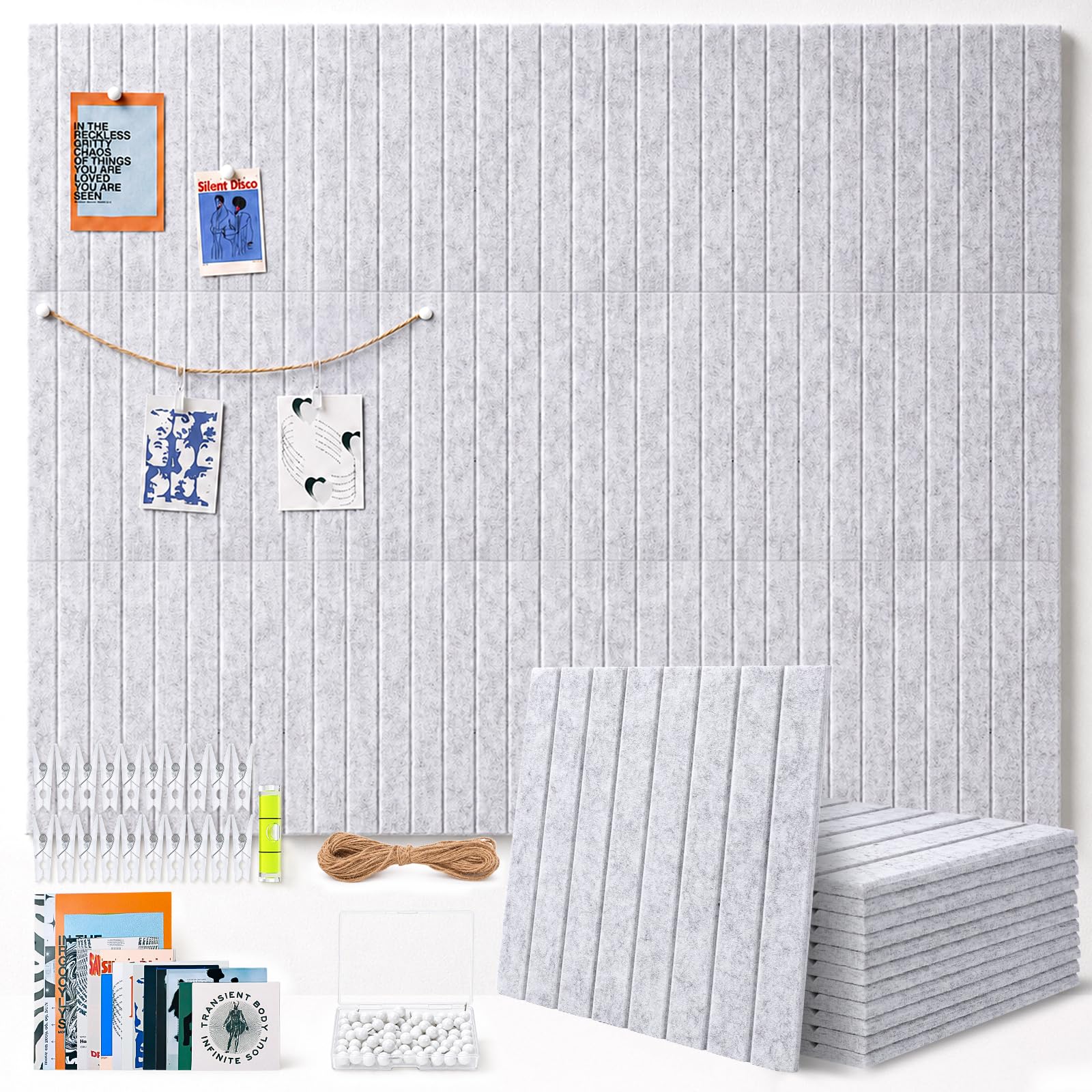 TruuNotion 12 Pcs Felt Pin Board Self Adhesive, 48 x 36 inch Notice Board Tiles 0.9cm Thick Vision Board with 96 Nano Pads, 100 Push Pins, Cork Board Alternative for Office, Kitchen, Home (Light Gray)
