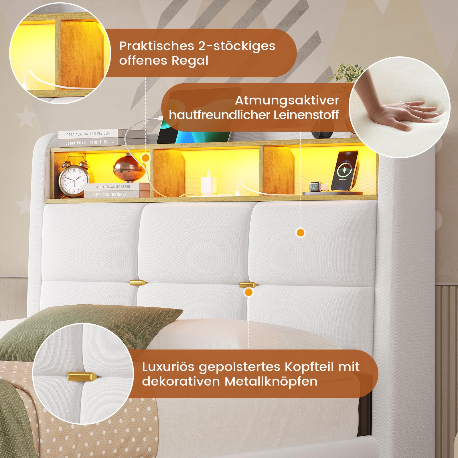 DICTAC Letto per ragazzi 90 x 200 cm, con illuminazione a LED e ciabatta, 90 x 200 cm, con vano testiera, telaio in lino, per adulti, 90 x 200 cm, con rete a doghe, porte USB e vano testiera, colore
