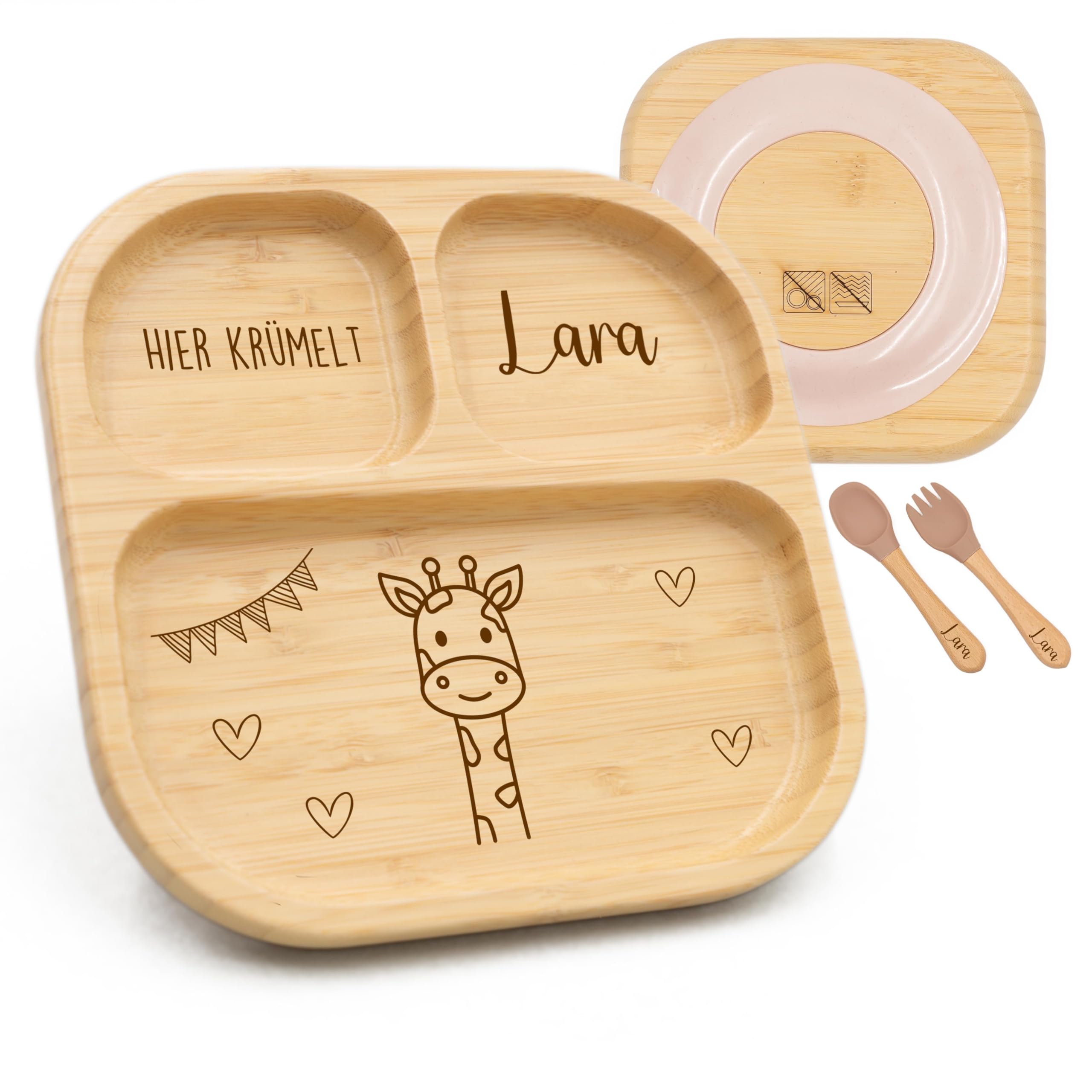 Kidsmood - Kinderteller mit Saugnapf inkl. Baby Besteck mit Namen – Teller für Kleinkinder, rutschfest – Beikost Baby Zubehör, personalisierte Geschenke zur Geburt, Taufgeschenke Jungen & Mädchen