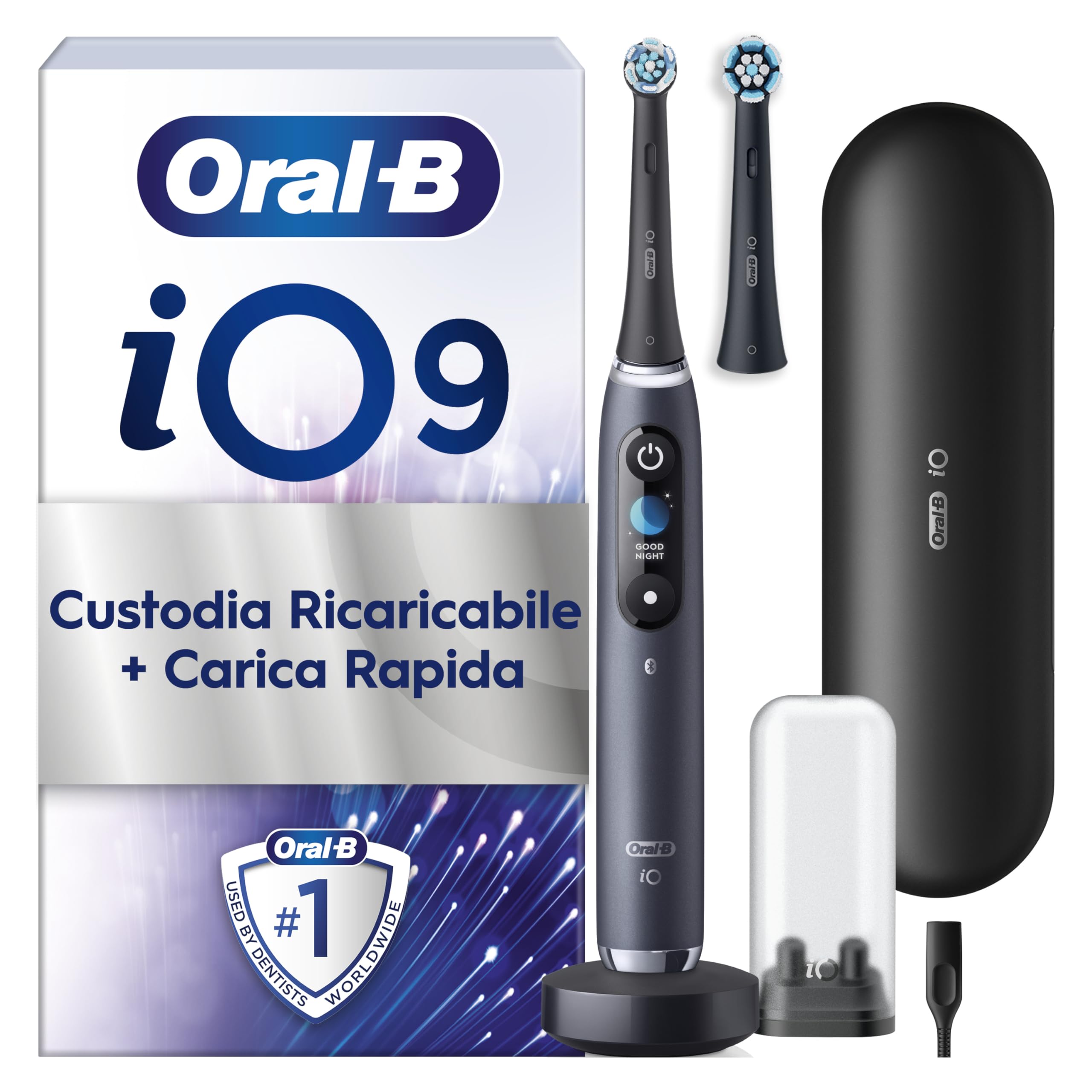 Oral-B IO 9N Rechargeable Electric Toothbrush, Pressure Sensor, Interactive Display, A.I. 7 Modes, 2 Heads, 1 Toothbrush, 1 Travel Case, Variable Package, Black (Black Onyx)