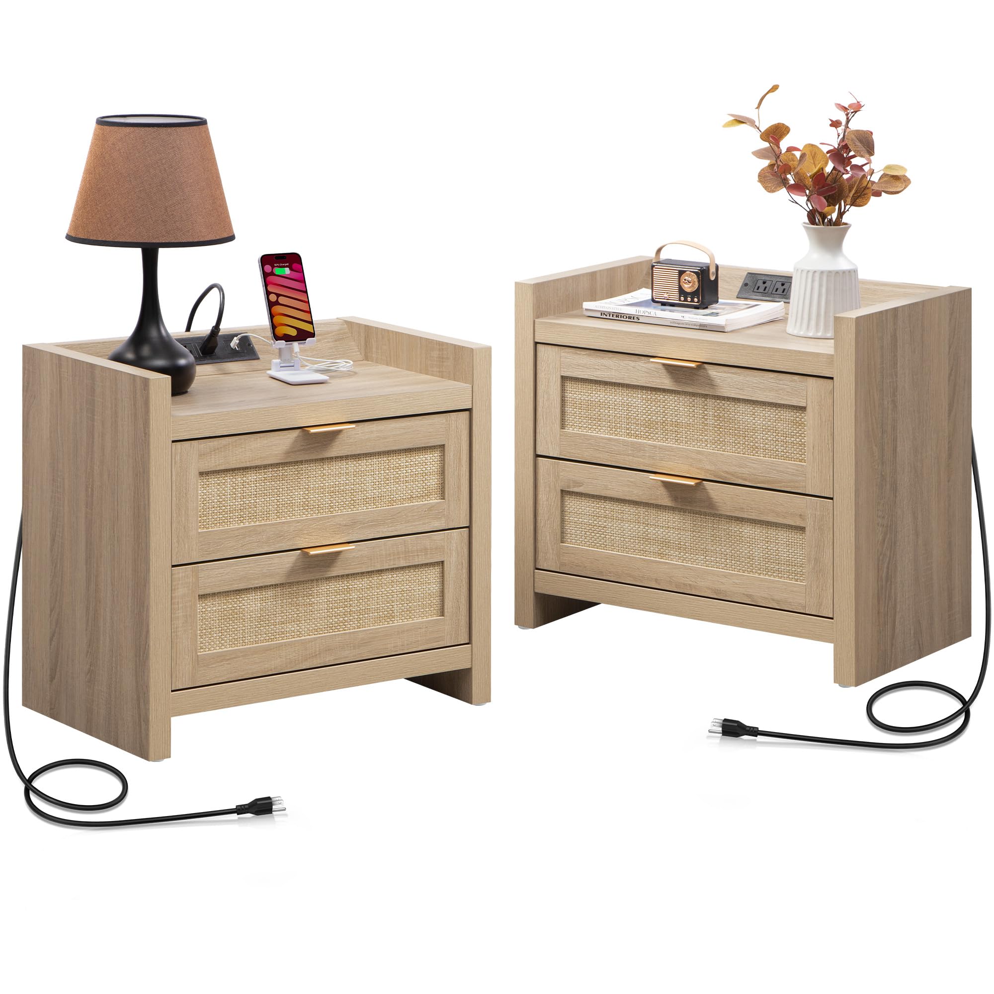 SICOTAS Rattan Nightstands Set of 2 Bedside Table - Bedroom Night Stand with Type-C Charging Station, 2 Drawers Storage - Boho Night Stands End Table for Bedroom Office - Light OakThe Forest Stewardship Council