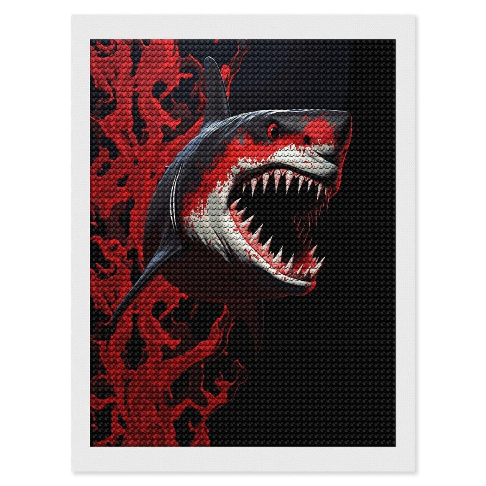 FekiLoot Red-Black Shark Diamond Painting Kits for Beginners DIY Diamond Art Kits for Adults Full Drill Round Diamond Dot Gem Art Painting Fun DIY Crafts for Home Kitchen Wall Decor Gift 12"x16"