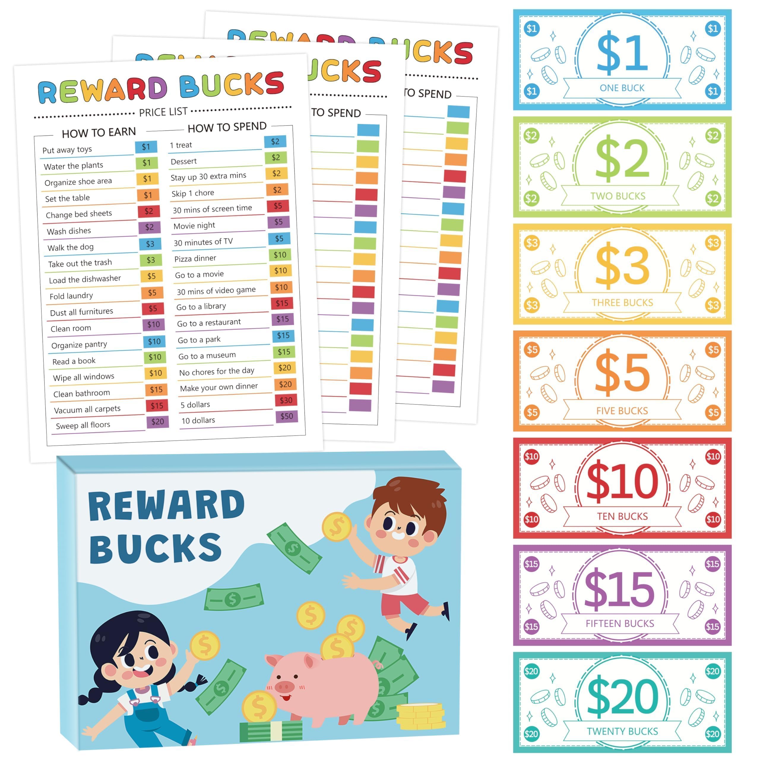EZdhuawuse Good Behavior Reward Charts - 633P Kids Reward Bucks Charts Routine Reward System Charts List Home School Financial Literacy Board Chore Task Schedule for Kids Boy Girl
