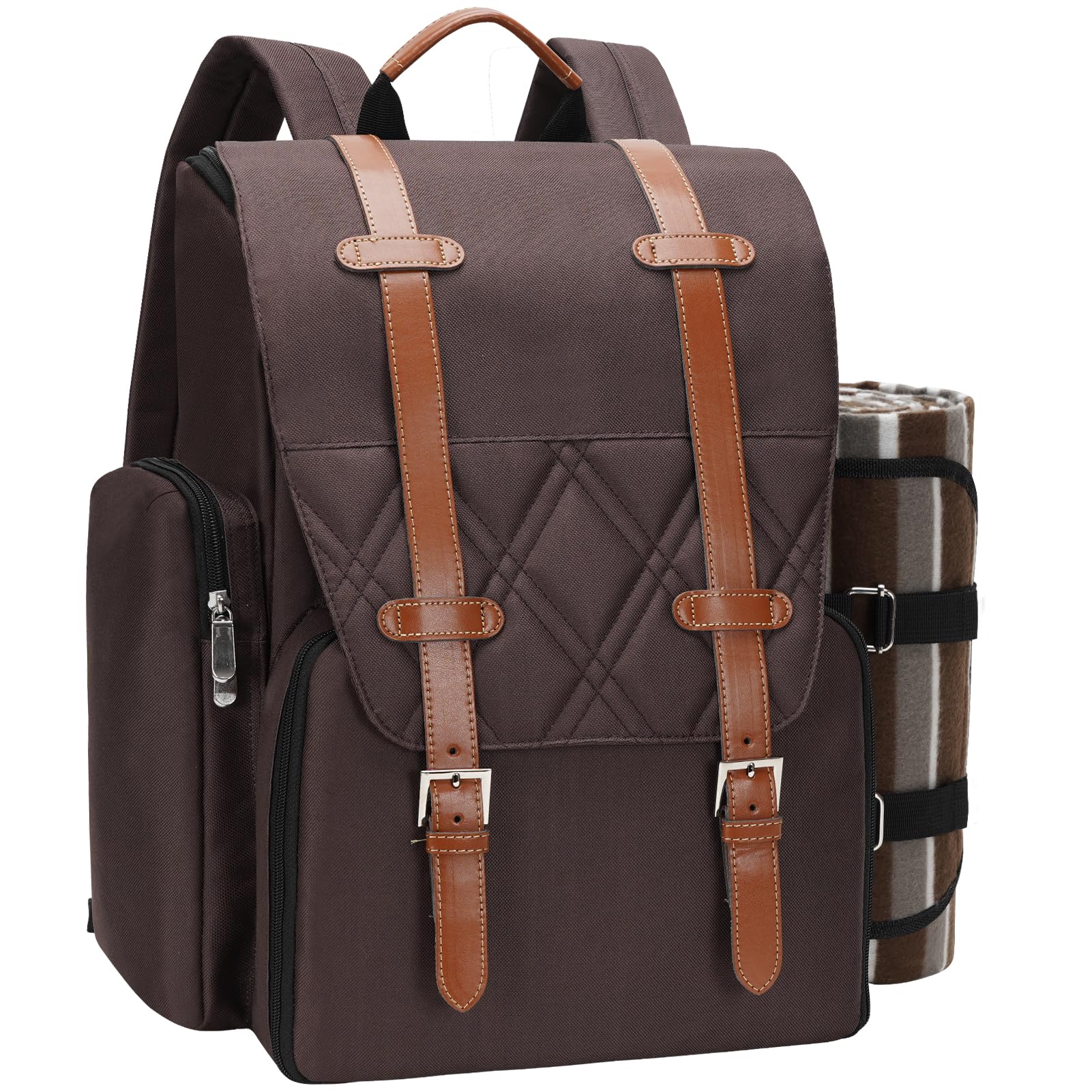 Picnic Backpack for 4 - Basket Set with Large Insulated Cooler Bag, Wine Baskets Waterproof Blanket & Cutlery Set.Bridal Shower Gifts,Wedding Gift Couple.Brown (PB21-050)