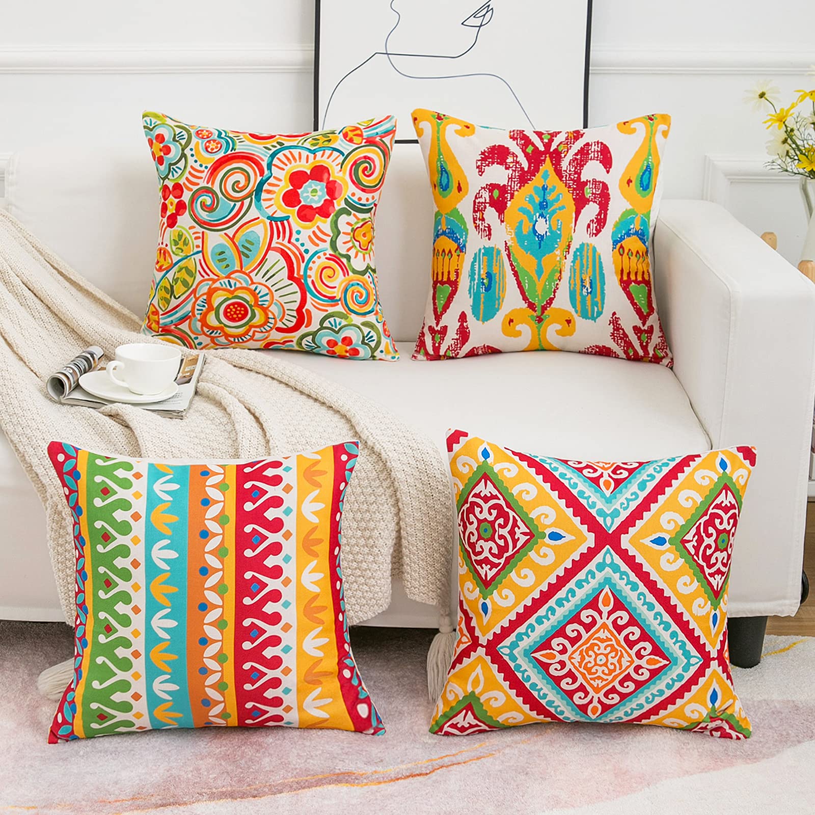 Kissenbezug 50x50 Boho Mandala Kissenbezüge Bunt Geometrisch Muster Dekorativ Kissenhülle Baumwolle Leinen Sofakissen Dekokissen Bezüge für Zuhause Couch Auto Outdoor Deko Zierkissenbezüge 4er Set Küche, Haushalt & Wohnen