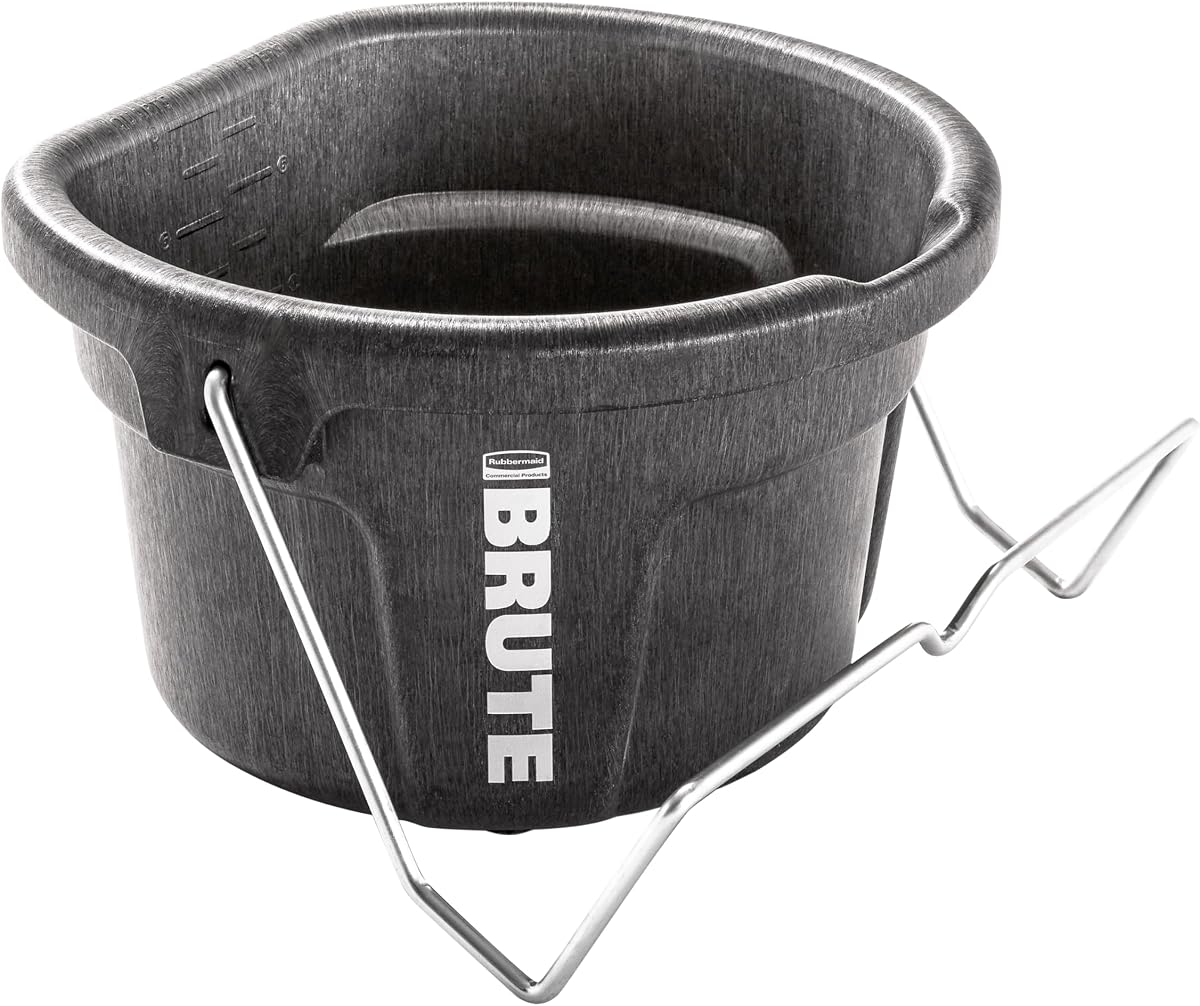 Brute 2-Gallon 3-in-1 Flat-Back Feed Bucket with Hook-Hang-Carry Handle, RigidCell Strength, Pour Spout, USA Made for Horse & Livestock