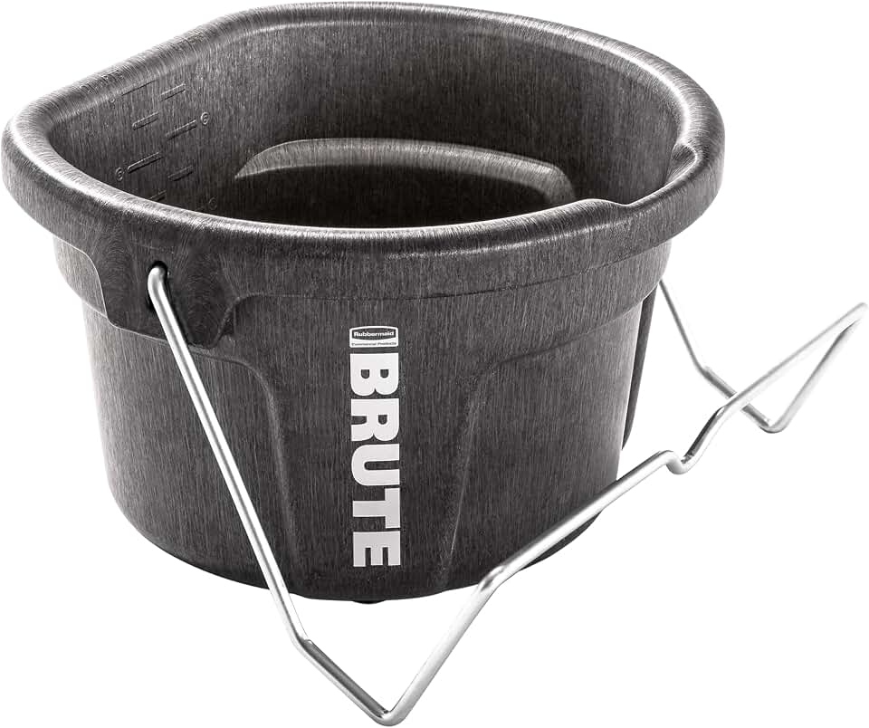Rubbermaid Commercial Products Brute 2-Gallon 3-in-1 Flat-Back Feed Bucket with Hook-Hang-Carry Handle, RigidCell Strength, Pour Spout, USA Made for Horse & Livestock