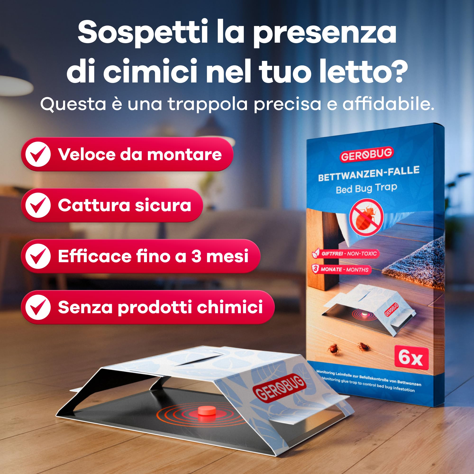 Gerobug Trappola per Cimici da Letto 12 Pezzi - Efficaci Trappole Adesive con Forte Attrattivo per la Rilevazione Precoce delle Cimici da Letto - Monitoraggio senza Sostanze Chimiche & Immediatamente