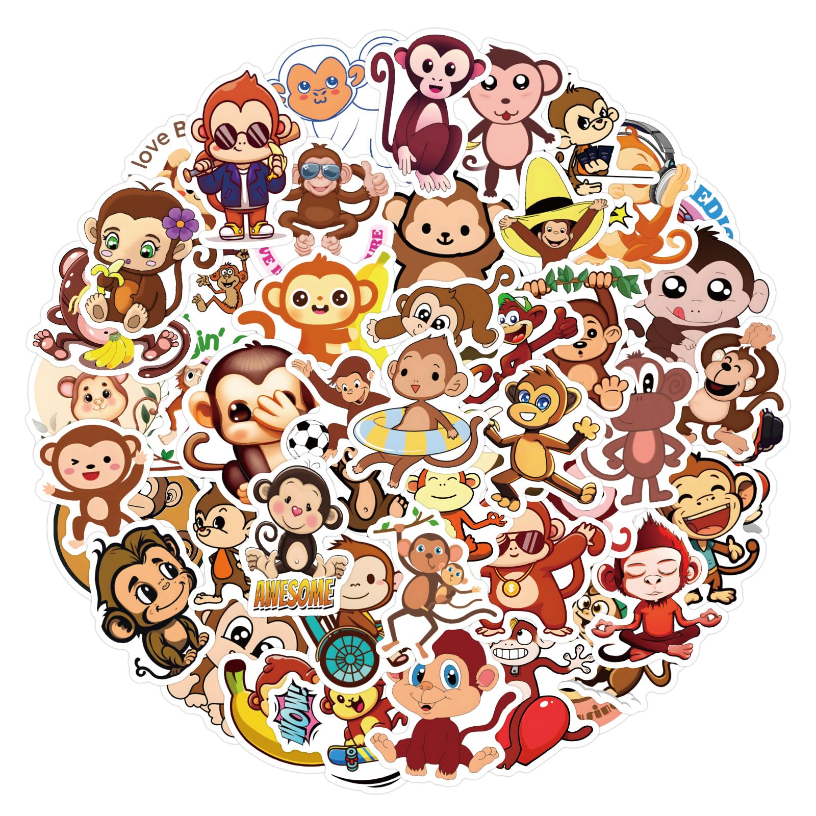 50Pcs Monkey Stickers Laptop Car Scrapbook Phone Skateboard Suitcase Luggage Bike Monkey Stickers Vinyl Waterproof Aesthetic Personalised Stickers for Teens Boys Girls Adults Children