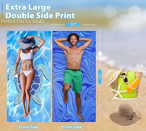 Miniatura 3 de TwoYek Paquete de 4 toallas de playa finas de microfibra, ligeras, de 71 x 32 pulgadas, extra grandes, sin arena, de secado rápido, para viajes,