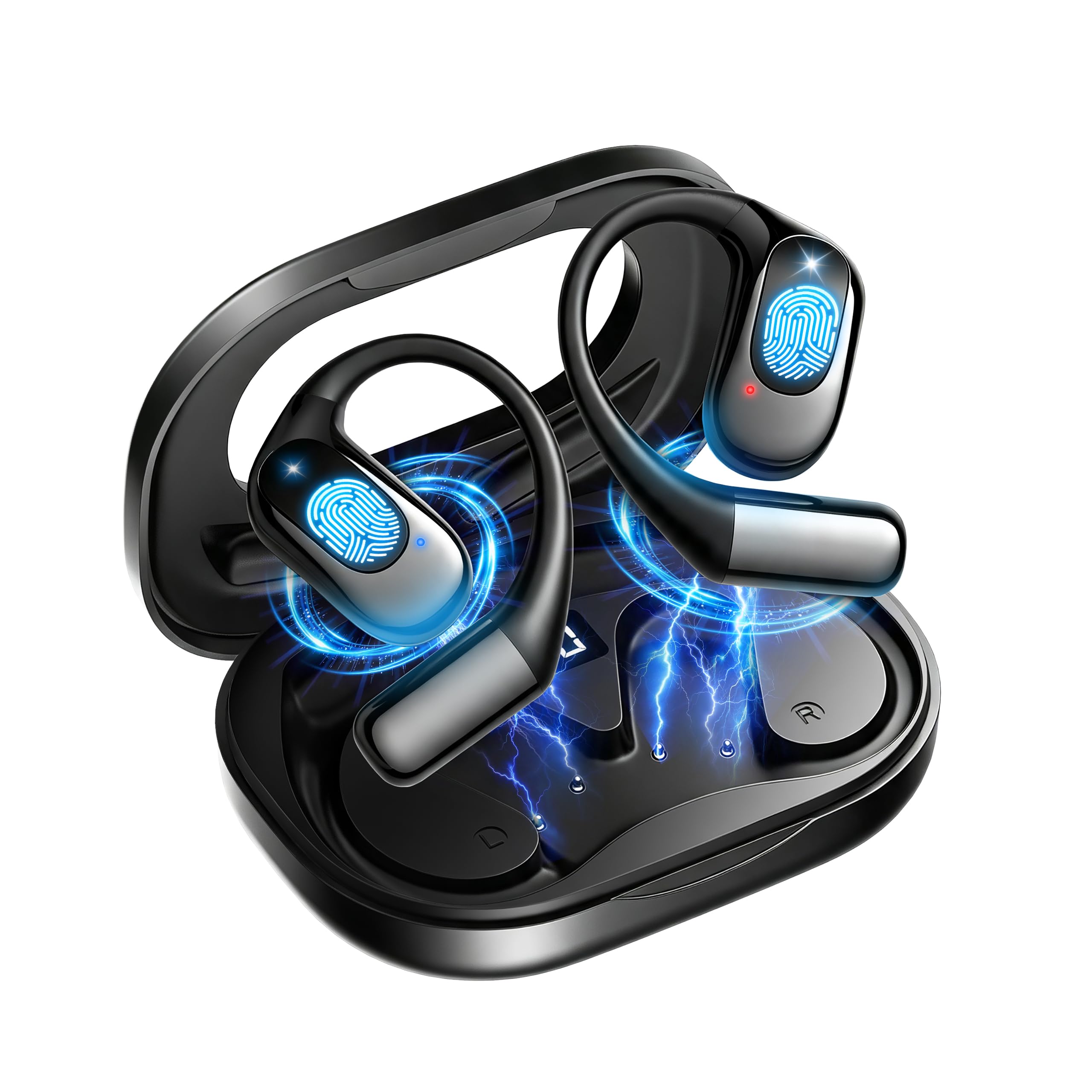 open ear headphones bluetooth wireless over ear earbuds with ergonomic earhook ear buds, led power display,48h playtime,ipx6 waterproof comfortable for workout,cycling,running (black)