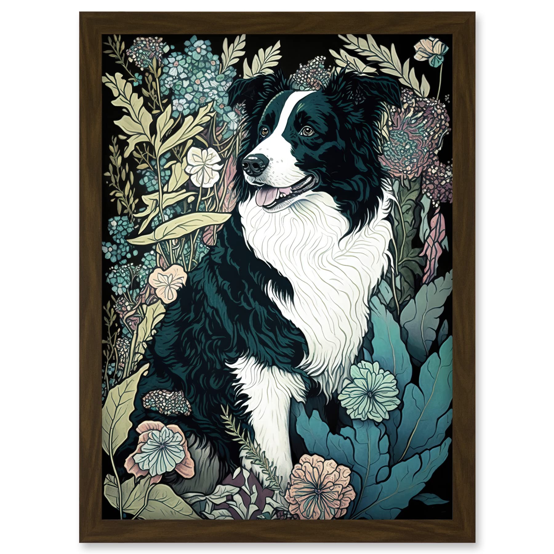 Artery8 Border Collie Dog in Wildflower Field Modern Illustration Artwork Framed A3 Wall Art Print