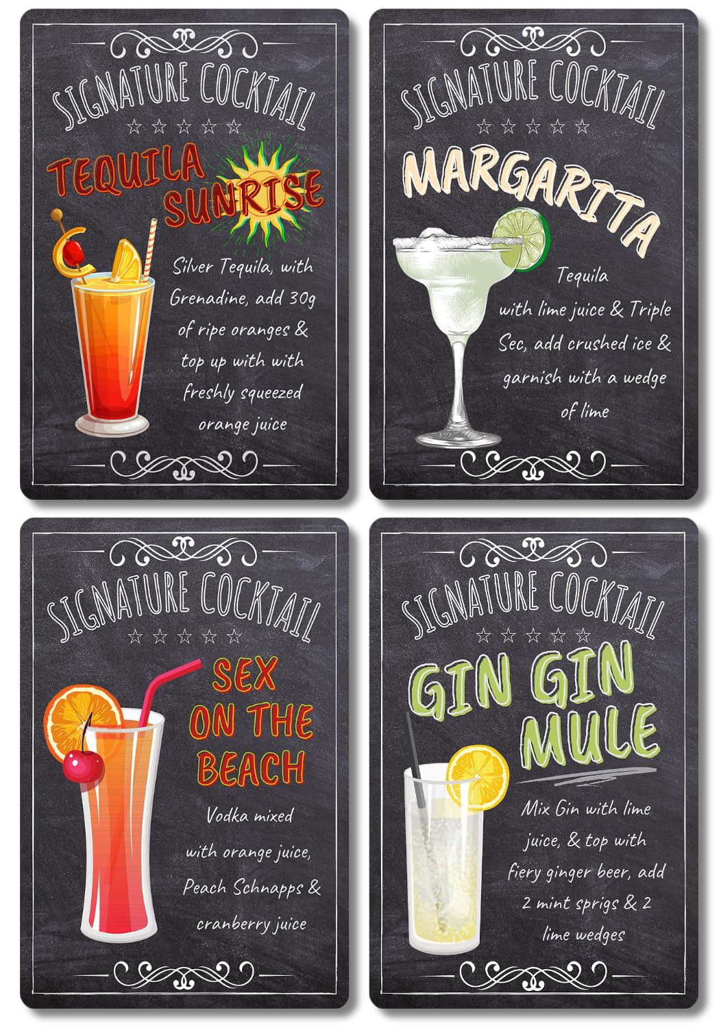 BAR SIGNS Cocktails - Set of Metal Cocktail Recipes Posters, Chalkboard Style Wall Art for Home Decor, Pub, Tiki Bar, Kitchen, Restaurants Pub Man Cave (Classic Cocktails 4PCS 30 x 20cm)