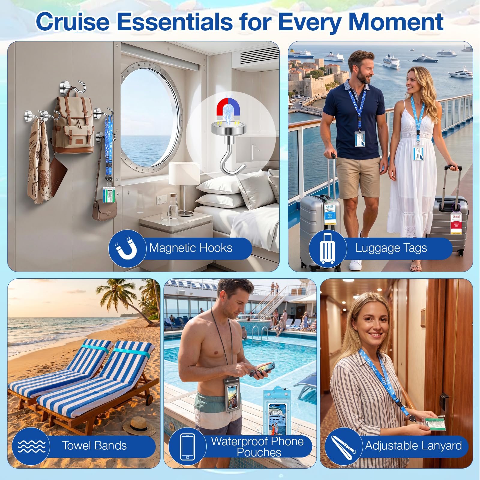Cruise Essentials 2025 - Cruise Must Haves Kit con protezione anti-sovratensione, cordino con porta documenti, ganci magnetici, set di etichette per bagagli, fasce per asciugamani, supporto