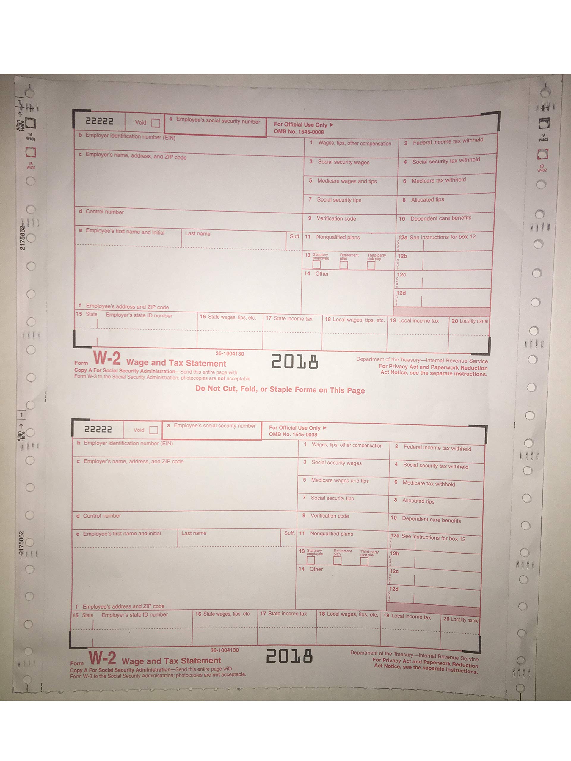 2018 W-2 & W-3 Tax Forms For Dot Matrix Printers - 6 W-2 Sheets + 1 W-3 ...
