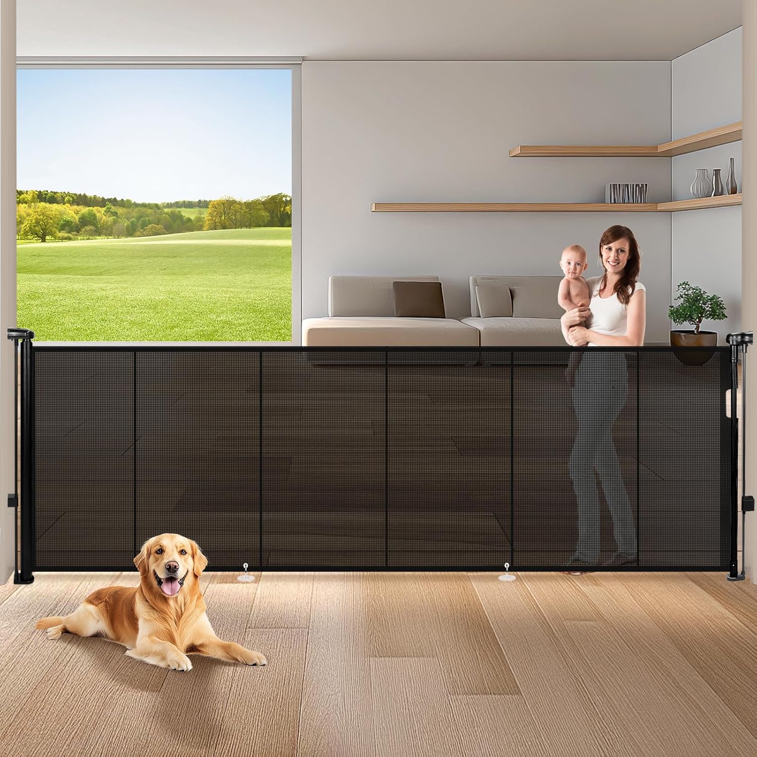 120" Extra Wide Retractable Baby Gates Mesh Gate, Long Retractable Dog Gate for Large Opening, 42" Extra Tall Child Safety Gate Pet Gate with Support Rods for Stairs Hallways Doorways Indoor Outdoor Black 42" Tall x 120" Wide