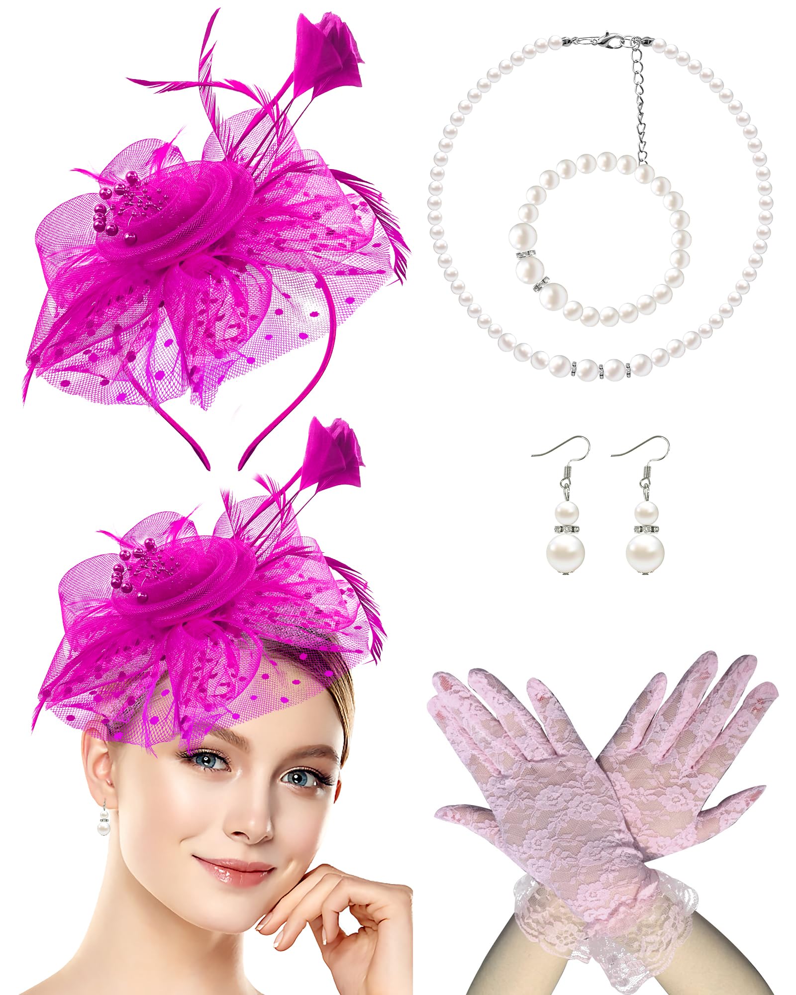 1920s Fascinators Hat Set for Women Tea Party Headband Lace Gloves Pearl Jewelry Set Cocktail Wedding Halloween