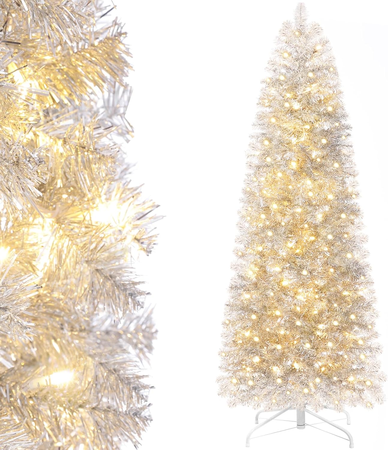Decoway Pre-lit Pencil Christmas Tree 6ft Artificial Silver Tinsel Xmas Tree with Metal Stand