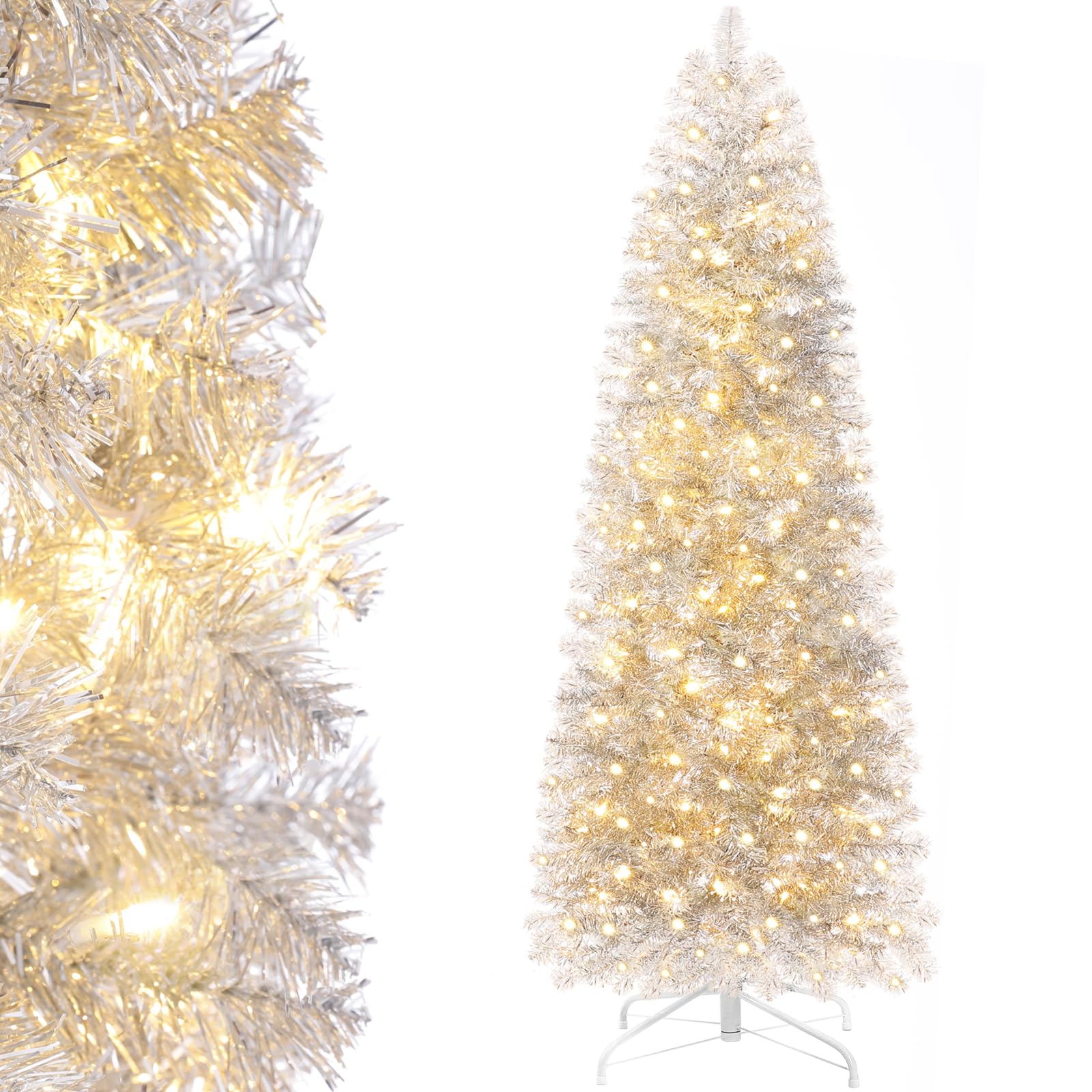Decoway Pre-lit Pencil Christmas Tree 6ft Artificial Silver Tinsel Xmas Tree with Metal Stand