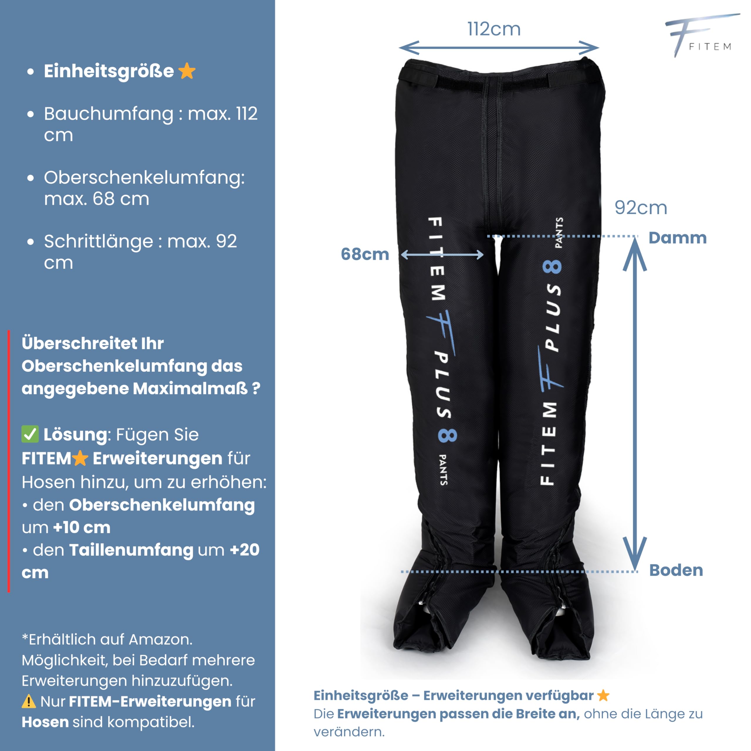 FITEM Pressotherapie Hose PLUS 8 – Lymphdrainage Gerät für Beine, Hüfte & Bauch | 8 Kammern, 6 Modi | Schwere Beine & Wassereinlagerungen | Premium Qualität