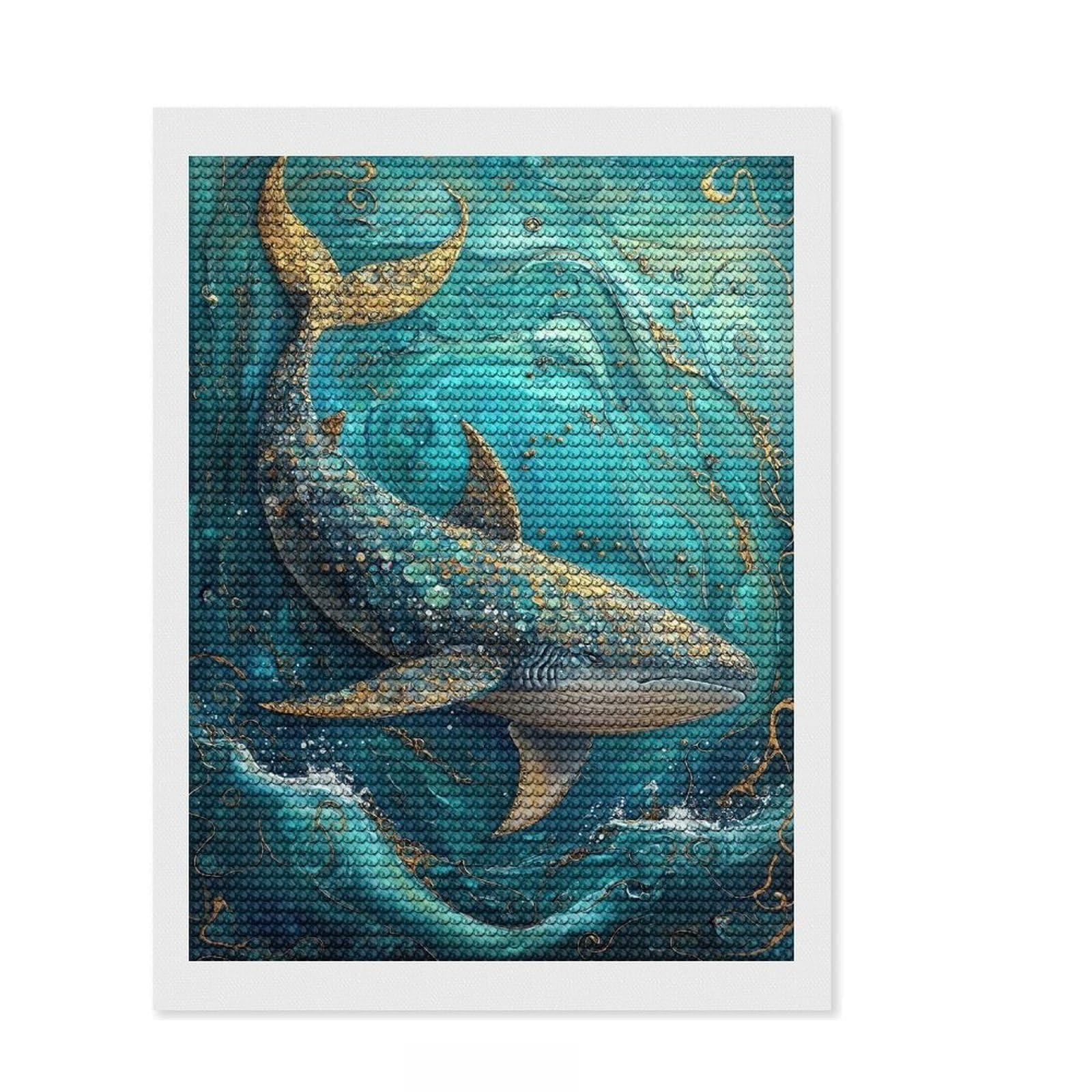 Junmoney Golden Whale Painting DIY Diamond Art Canvas Kit 12"x16", Full Kit Included, Easy to Follow Symbols, Modern Decor, Holiday Gift Idea