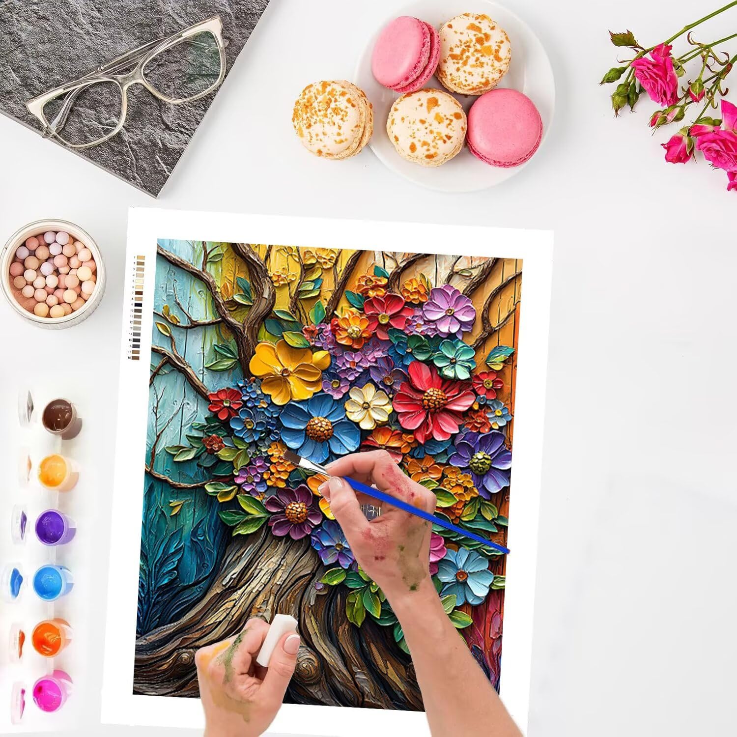 WEISHIWE Malen nach Zahlen Erwachsene Blumenbaum, 70x90cm x-458 | Malen nach Zahlen Erwachsene Leinwand Kit, DIY Handgemalt Ölgemälde Set mit 3-Pinseln und Acrylfarbe für Wanddeko,Ohne Rahmen