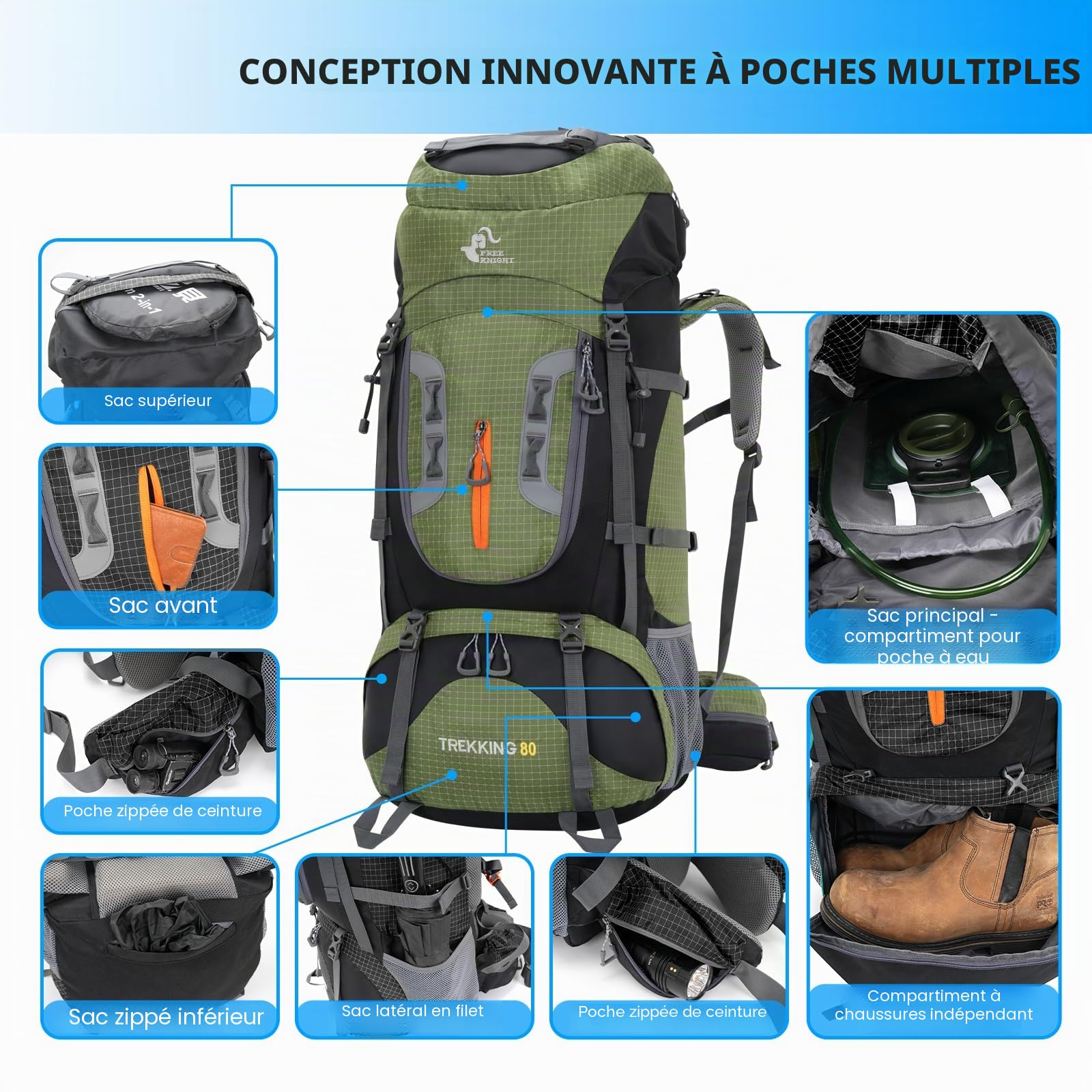 Bseash Sac à dos de randonnée imperméable 80 l avec housse de pluie, sac à dos léger pour sports de plein air, voyage, escalade, randonnée (vert militaire)