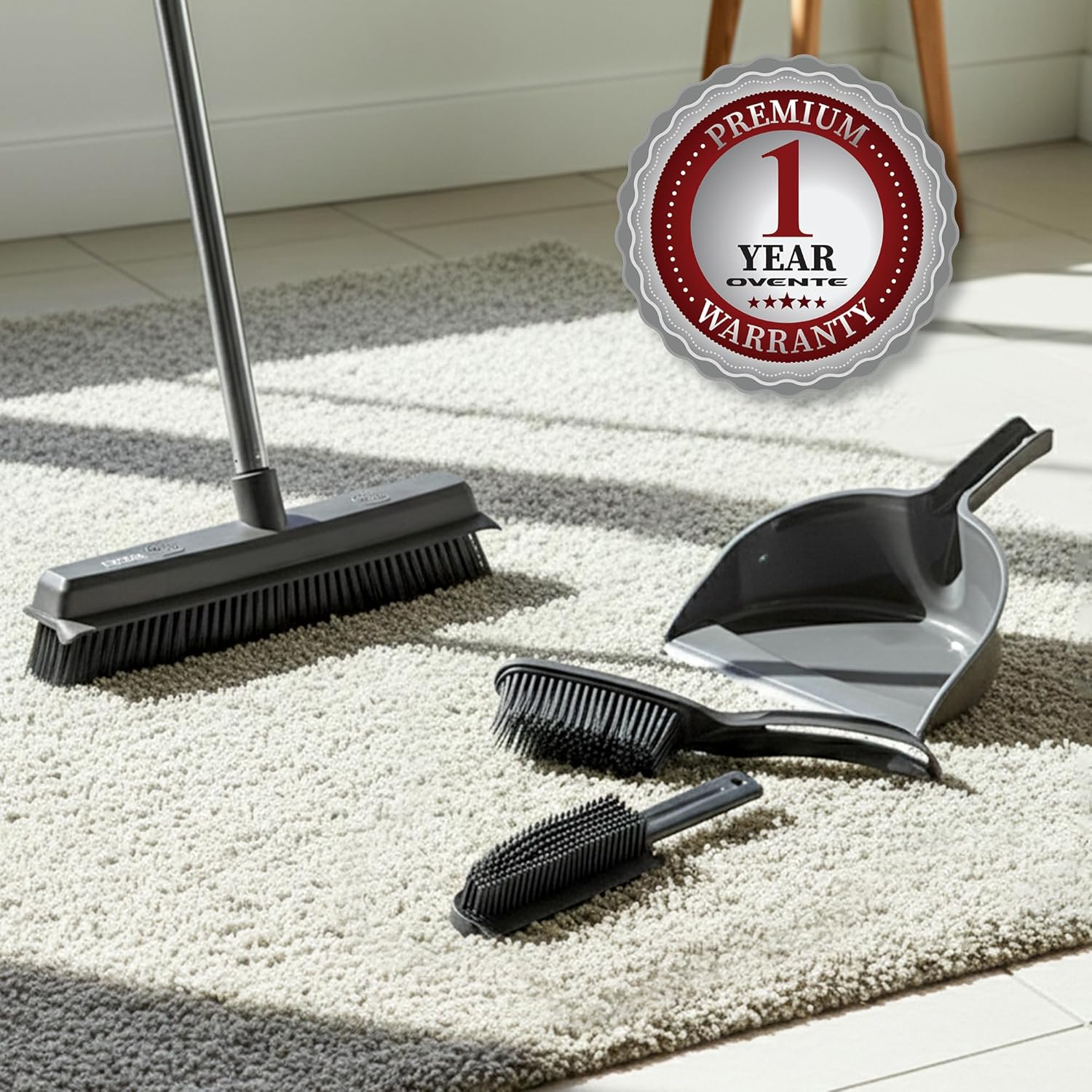 OVENTE Carpet Rake Rubber Broom for Pet Hair Removal with Squeegee, Detailing Lint Fur Remover Brush, Dustpan and 50” Handle, Cleaning Tools Set for Rug, Hardwood Floor, Tile and Window, Grey CT2504GY